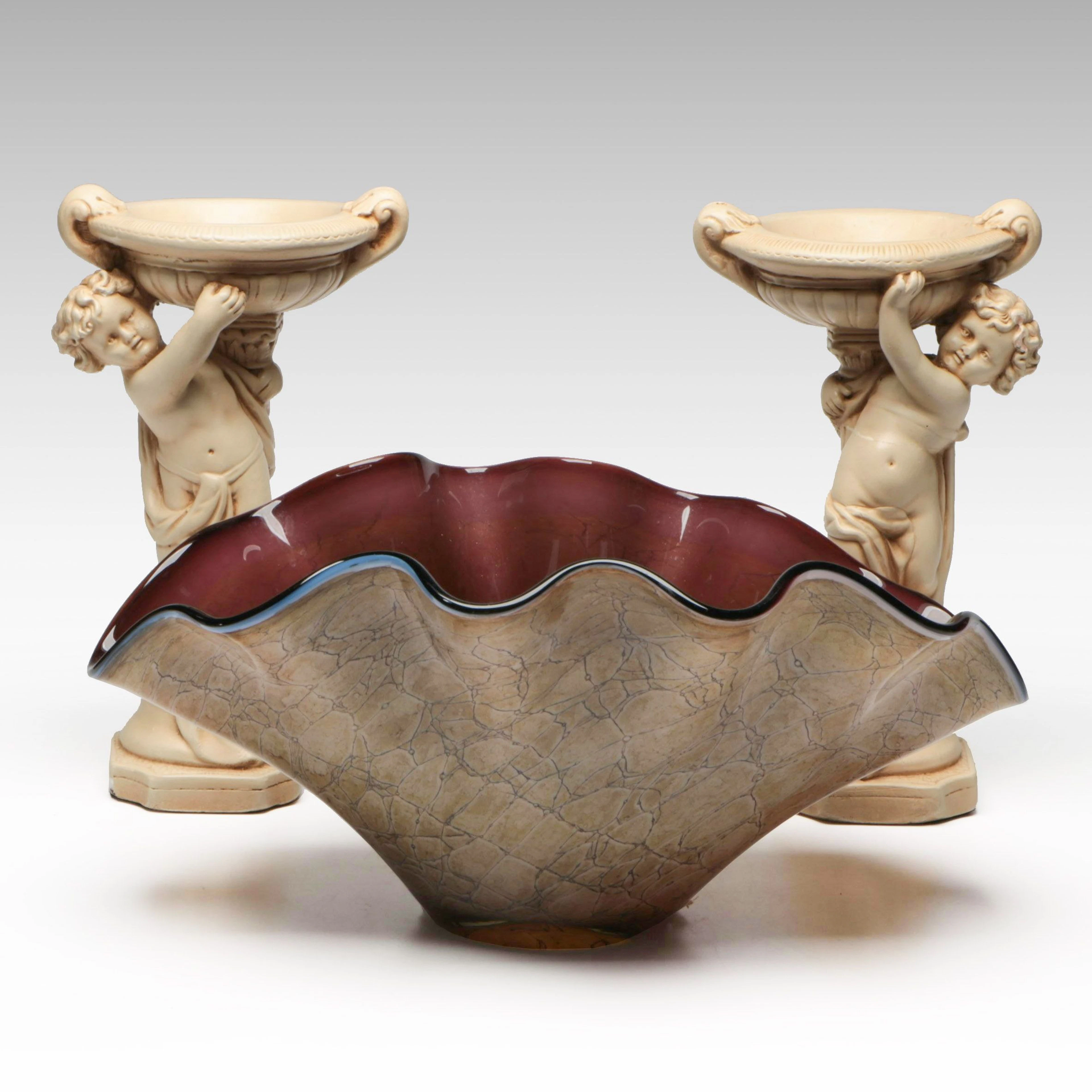 Art Glass Jozefina Poland Centerpiece Bowl with Pair of Cherub Figures