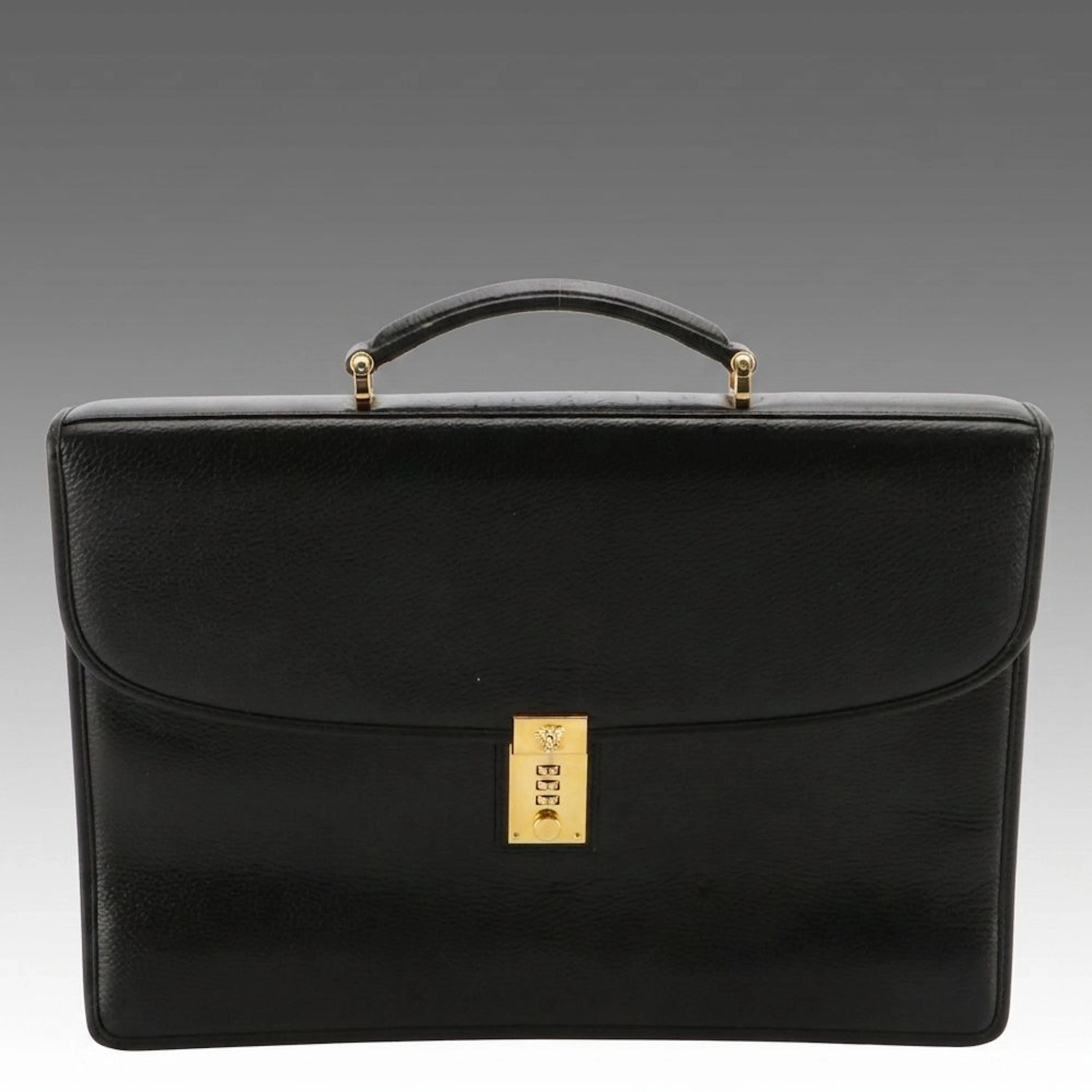 Gianni Versace Black Pebble Grain Leather Medusa Head Portfolio Briefcase