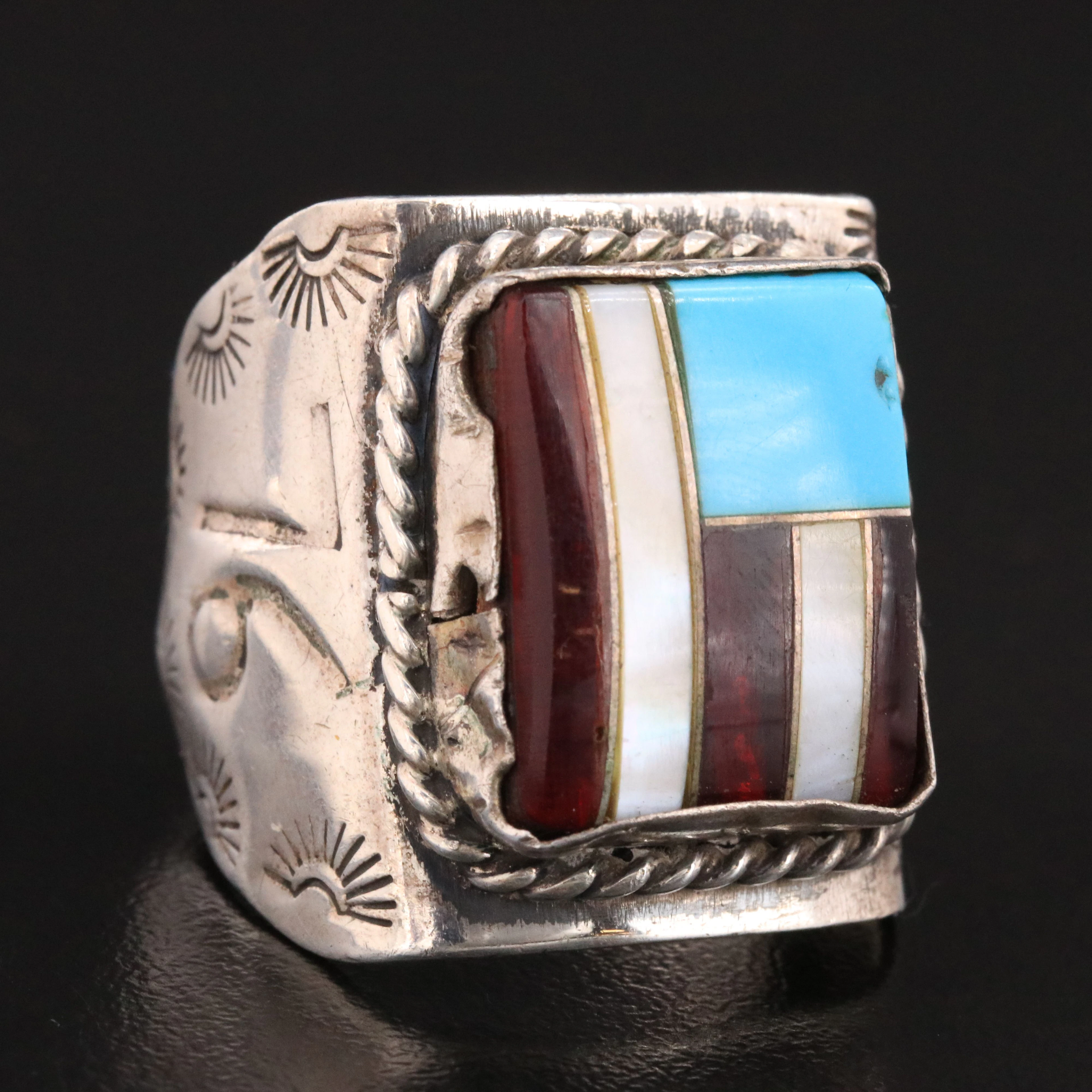1976 Western Sterling Inlay American Flag Ring