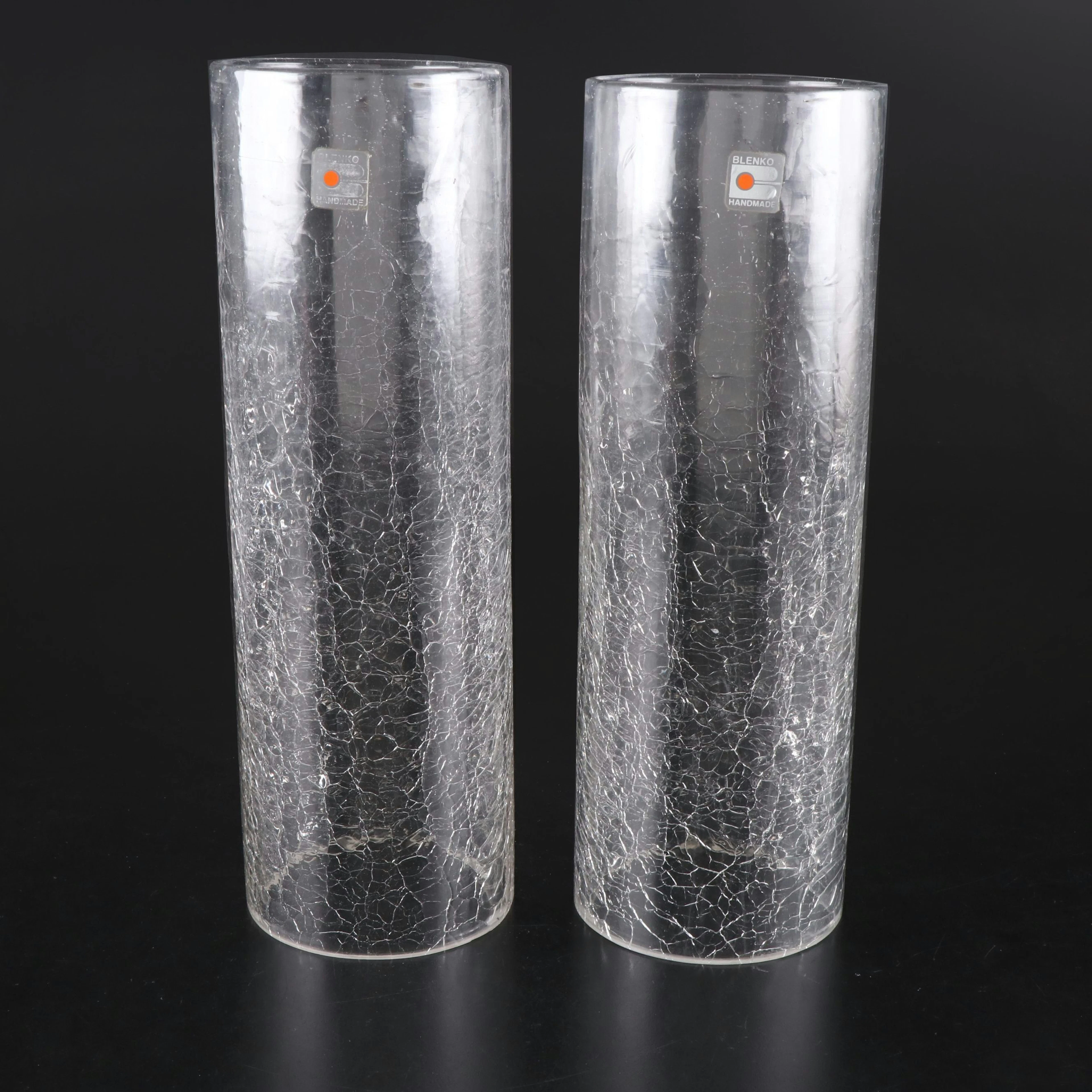 Pair of Blenko Clear Crackle Glass Candle Hurricanes