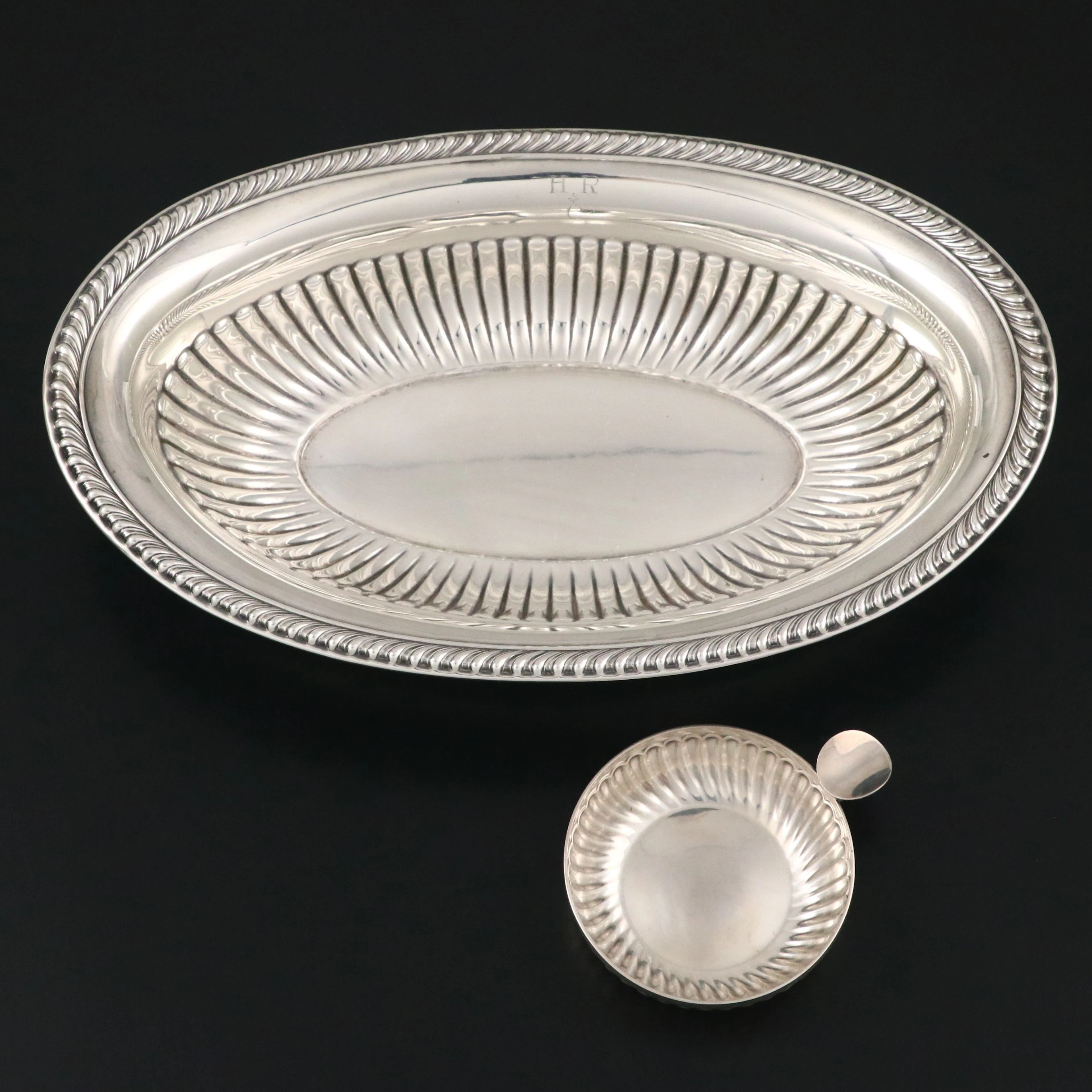 Sterling Silver Gadrooned Oval Bowl with Silver Plate Tastevin