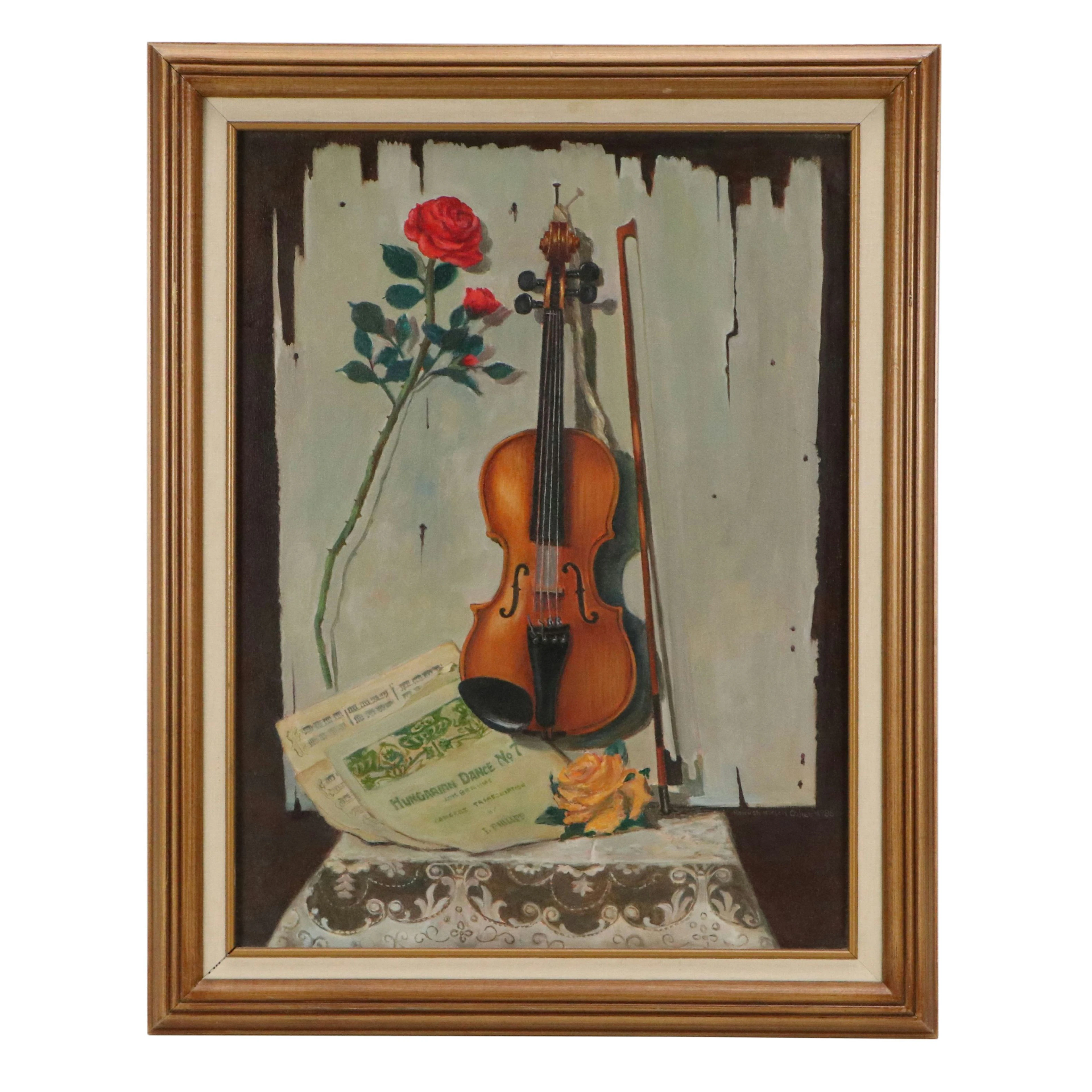Hannah Hirsch Cohen Still Life Oil Painting with Violin and Rose, 1986