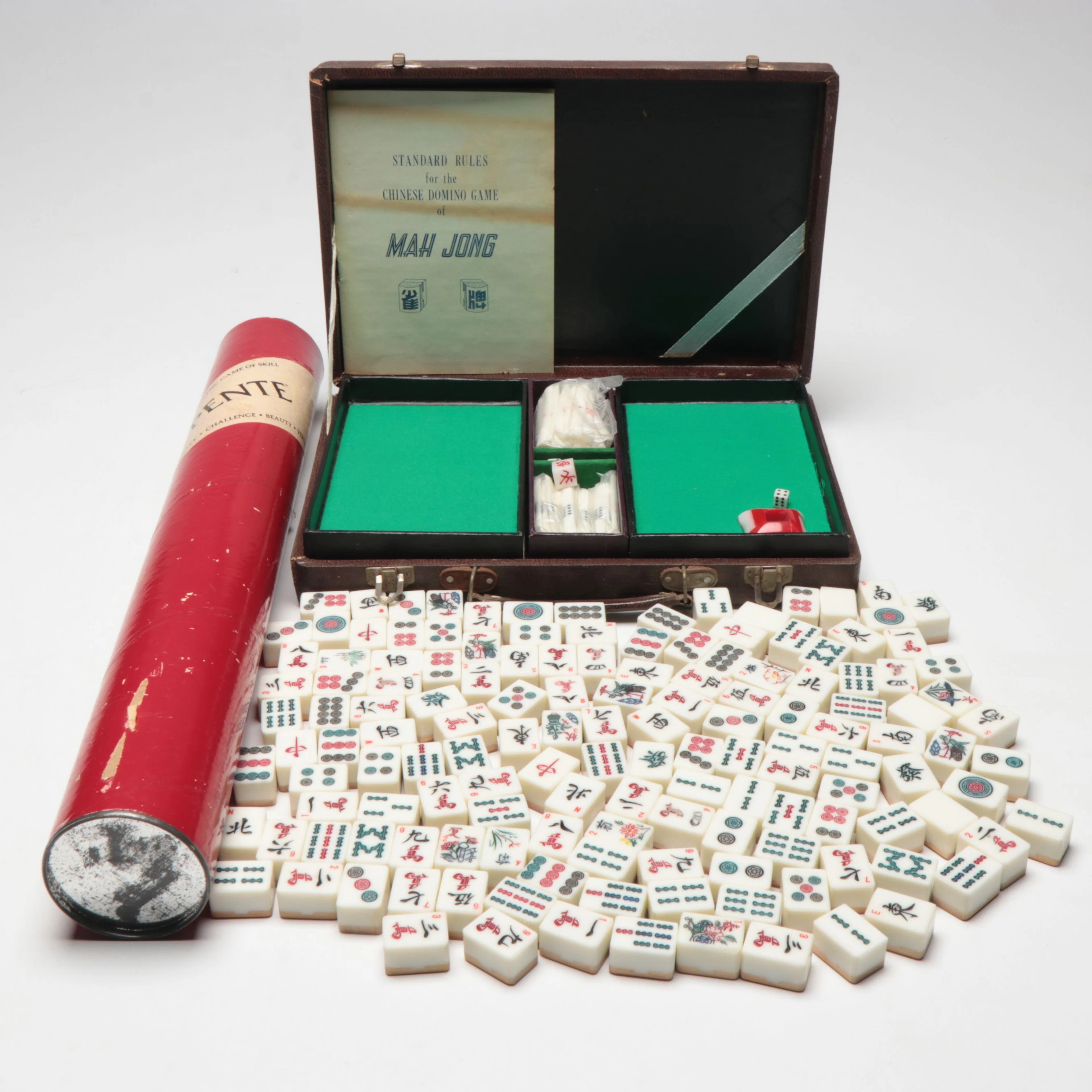 Bamboo Backed Mahjong Tiles with "Pente" Board Game, Vintage