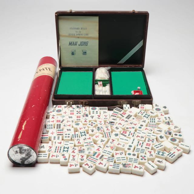 Bamboo Backed Mahjong Tiles with "Pente" Board Game, Vintage