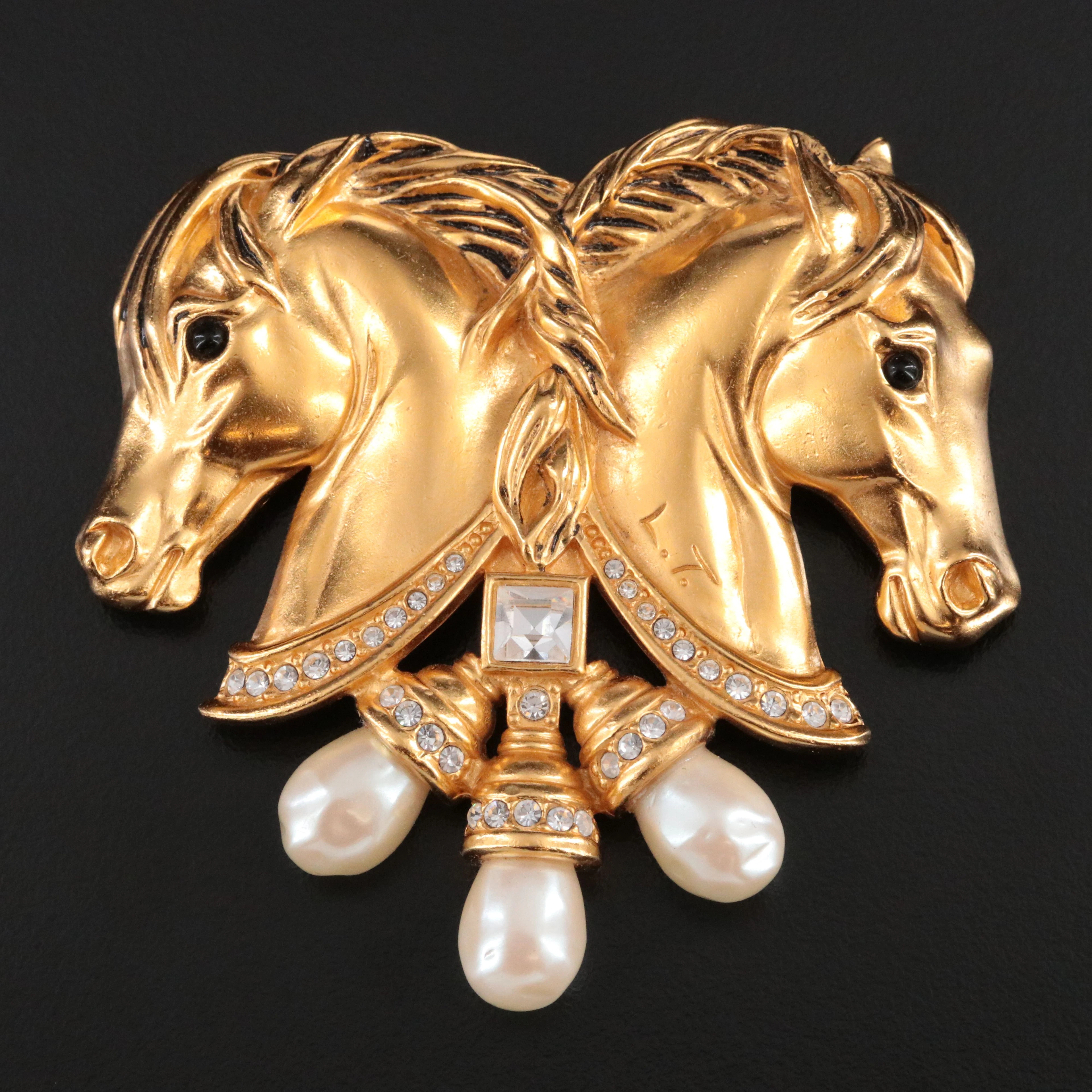 Elizabeth Taylor for Avon "Hearts in Tandem" Brooch w/ Rhinestones & Faux Pearl
