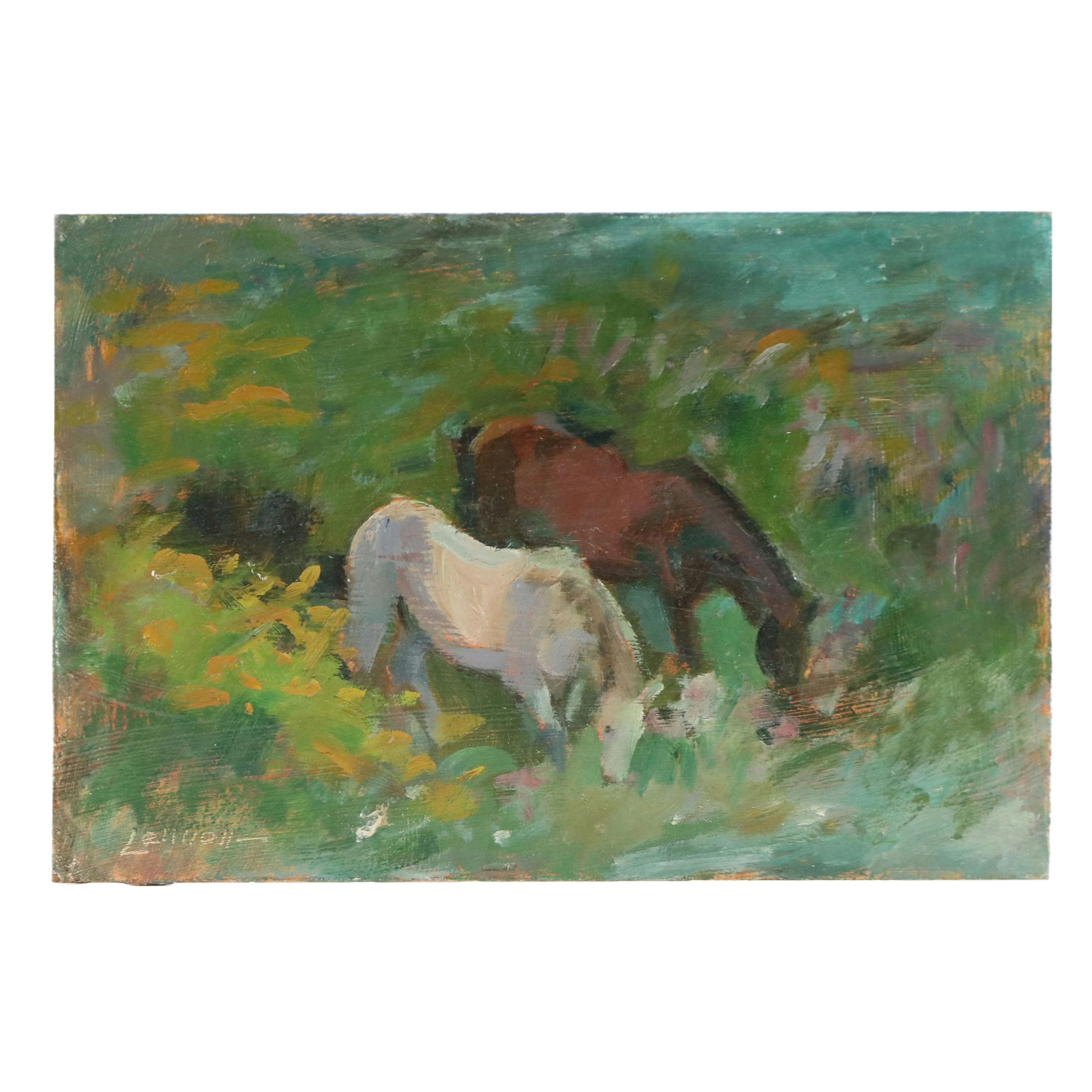 Bernard Lennon Oil Painting of Horses Grazing, Mid to Late 20th Century