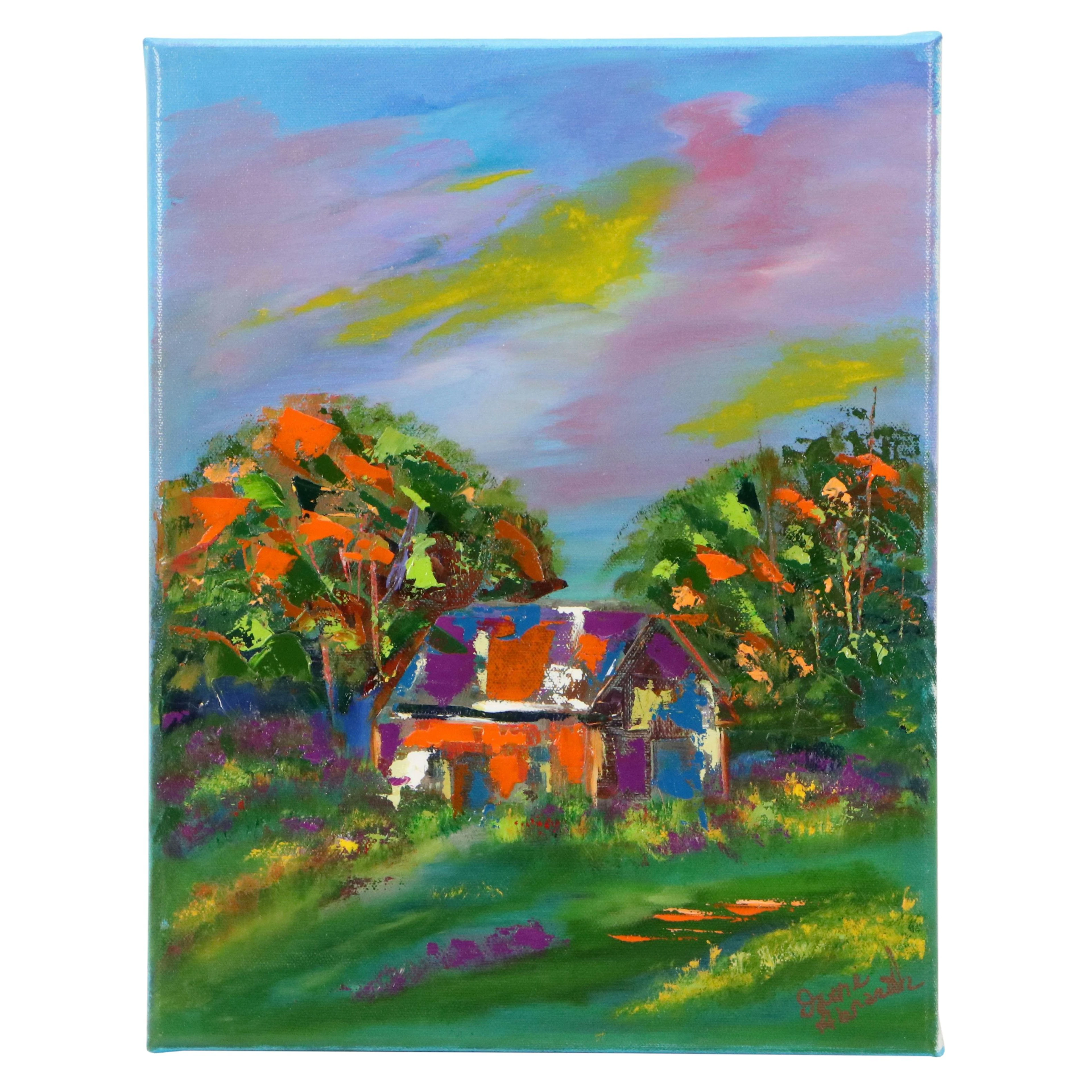 Dottie Abramowski Fauvistic Mixed Media Painting of Cottage, 21st Century
