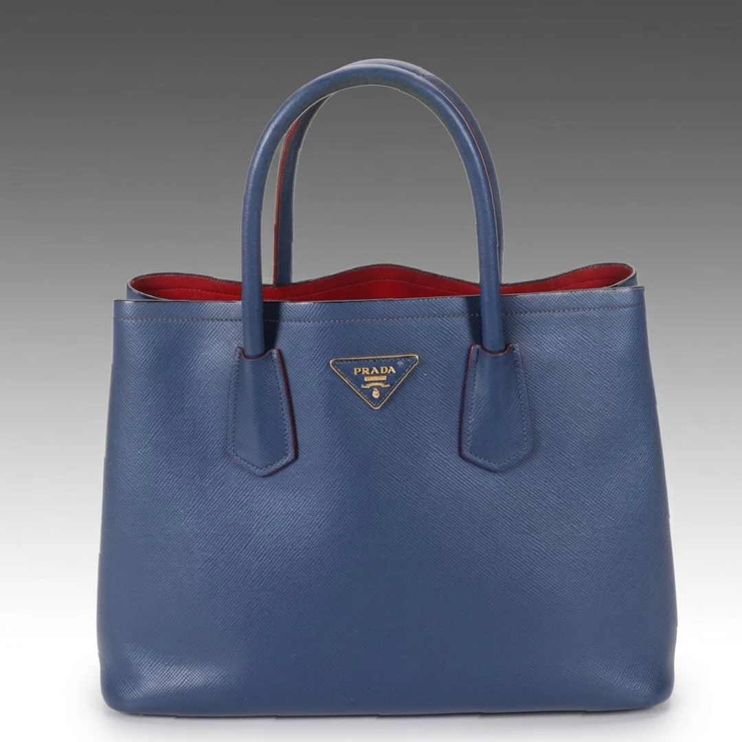 Prada Twin Pocket Tote Bag in Blue Saffiano Leather