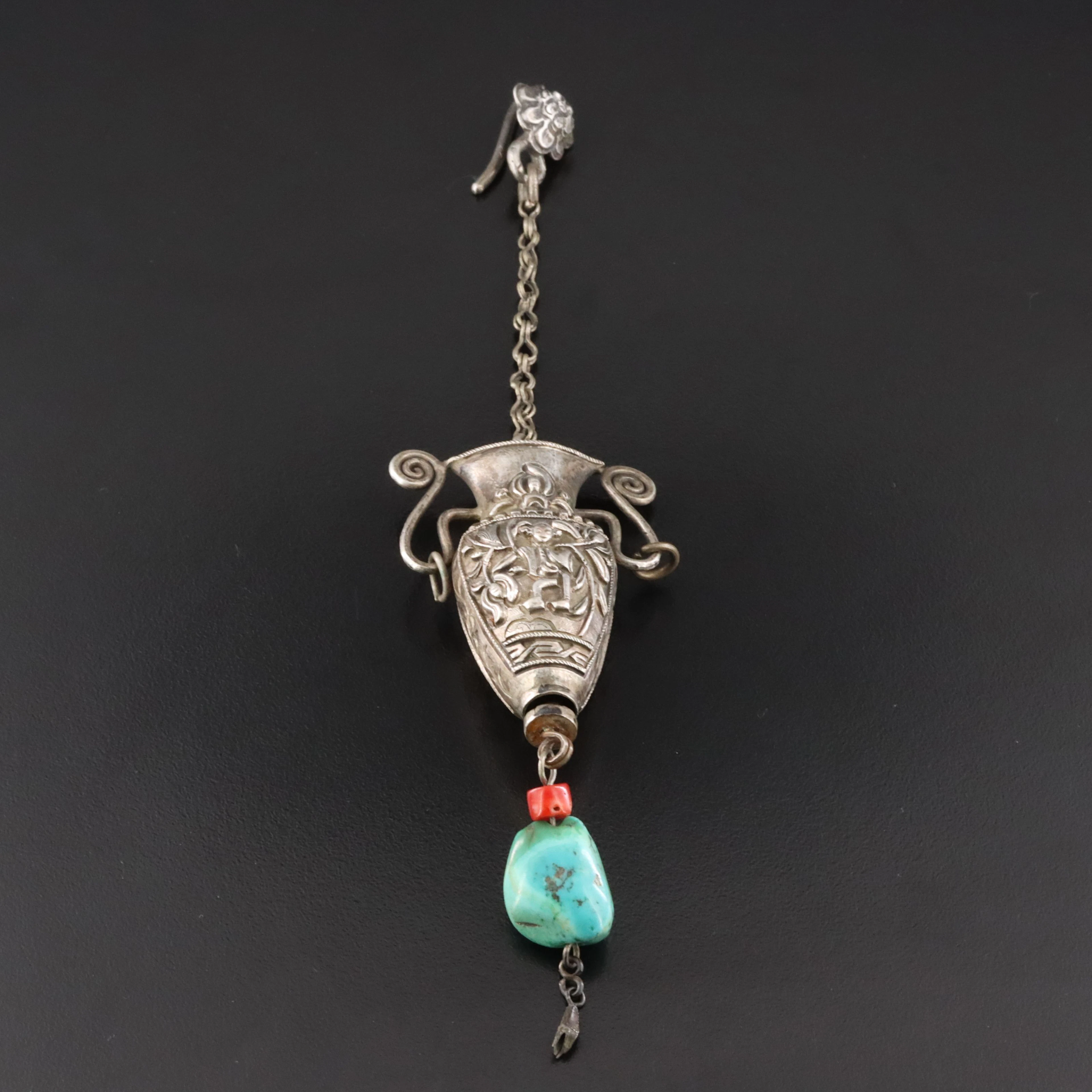 Vintage Turquoise and Coral Chinese Repoussé Vase Clothing Ornament
