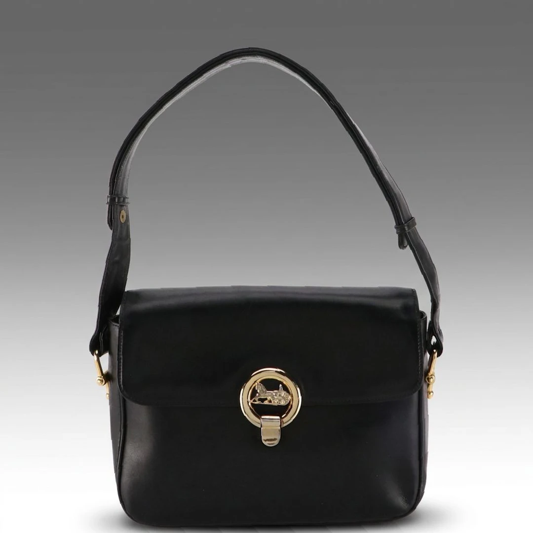 Celine Diffusion Black Leather Flap Shoulder Bag with Horse and Sulky Clasp