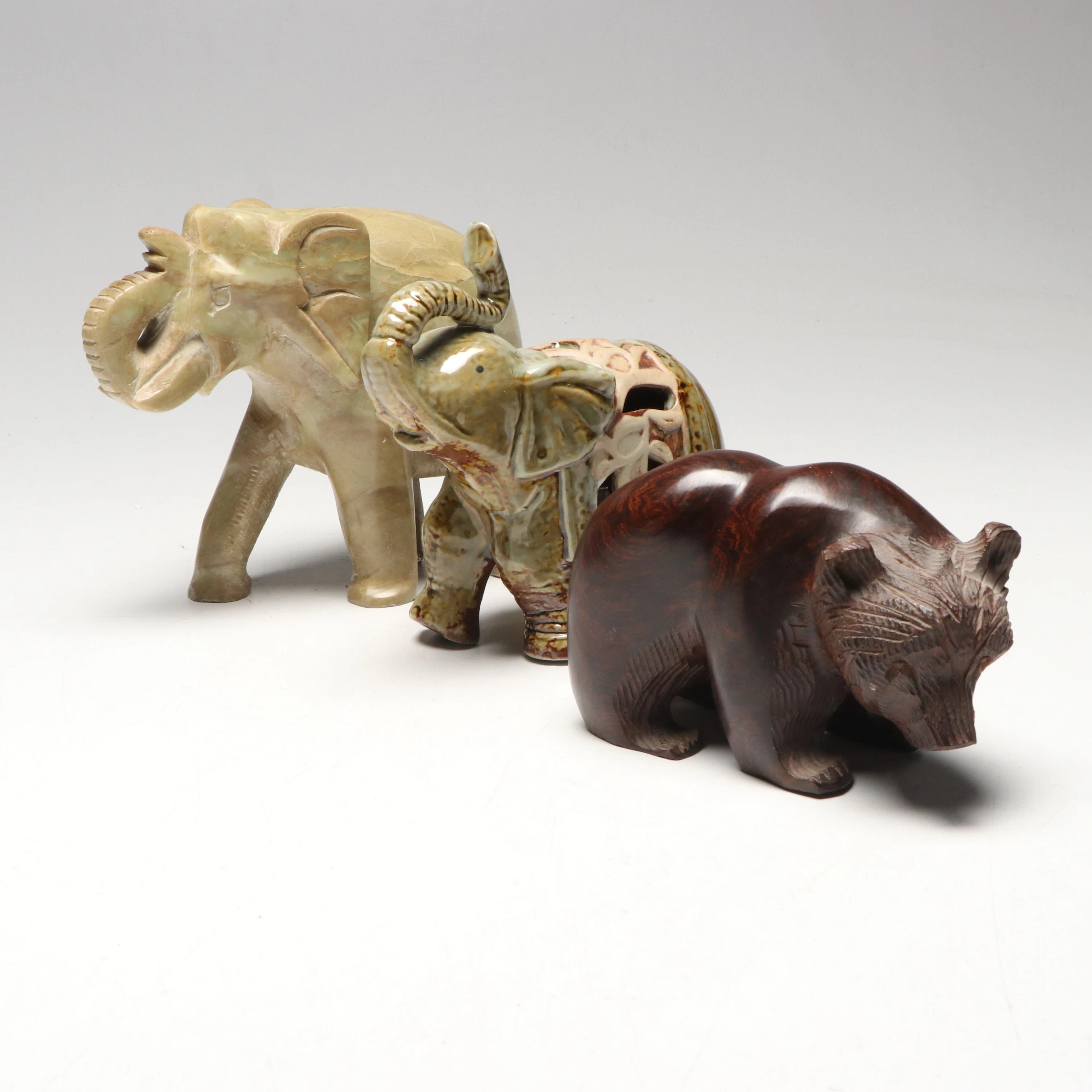 Ceramic and Carved Calcite Elephants, with Chisel Carved Bear