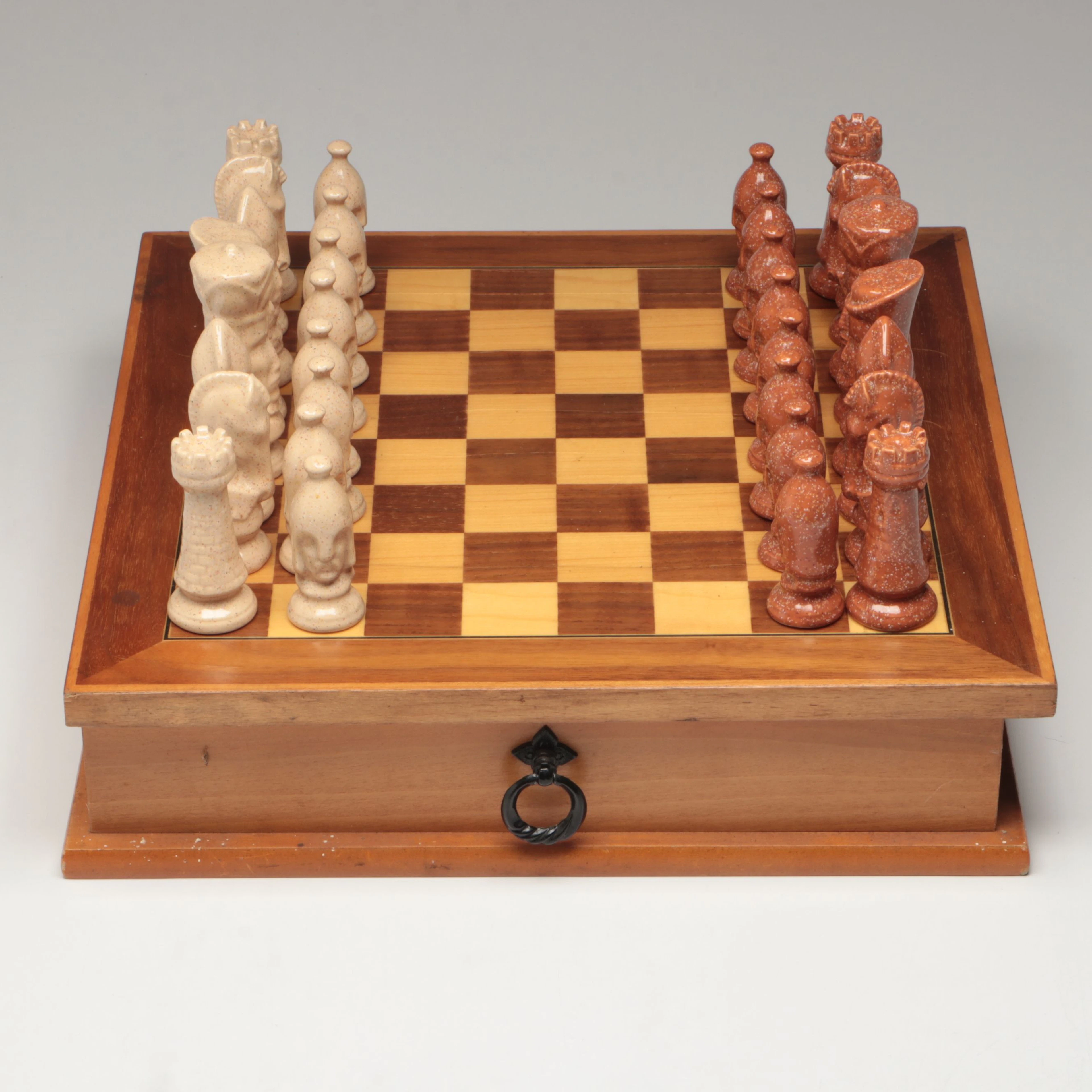 Escardibul Mid-Century Wood Chess Board with Ceramic Chess Pieces