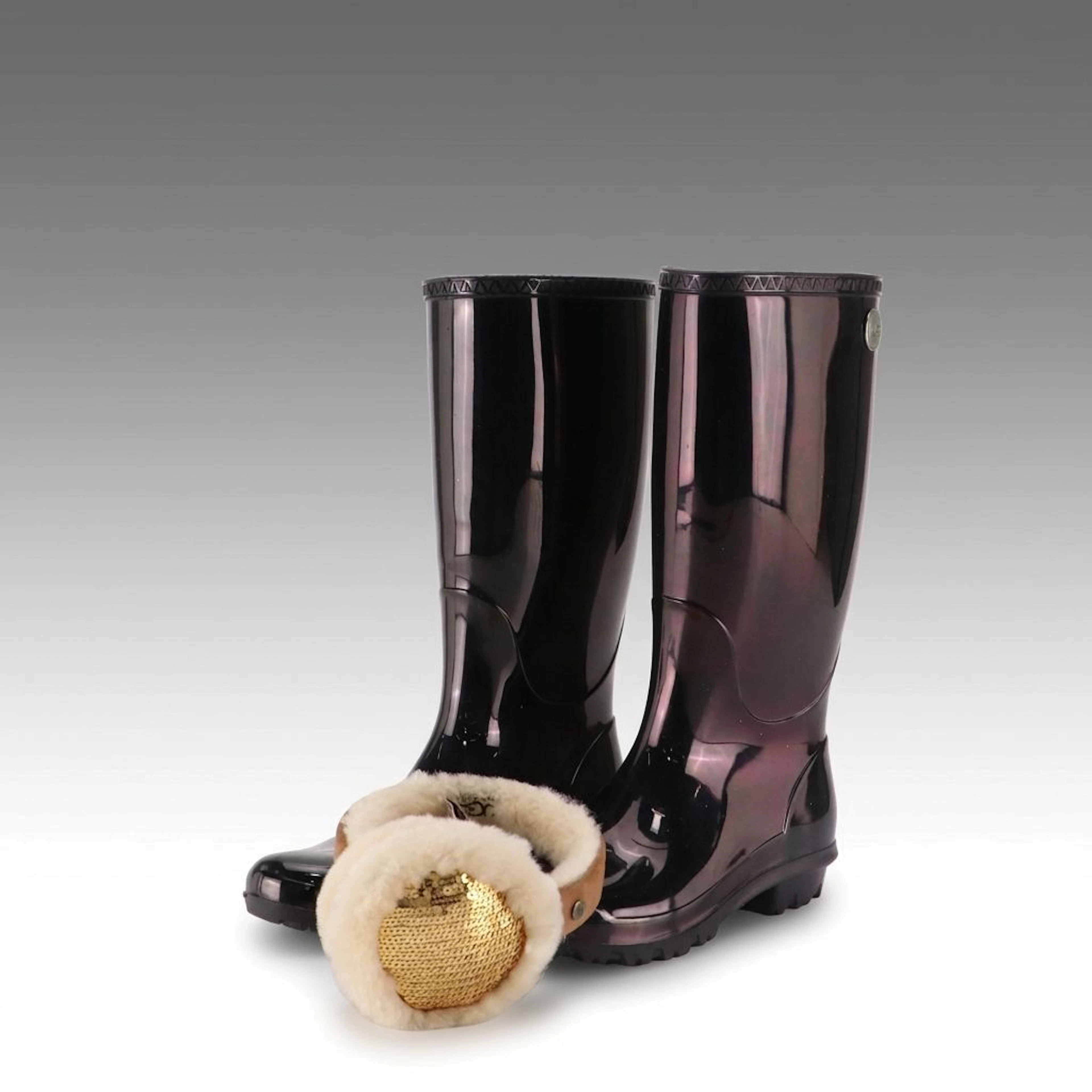 UGG Shaye Rain Boots in Black Rubber with Sequin Shearling Sheepskin Earmuffs