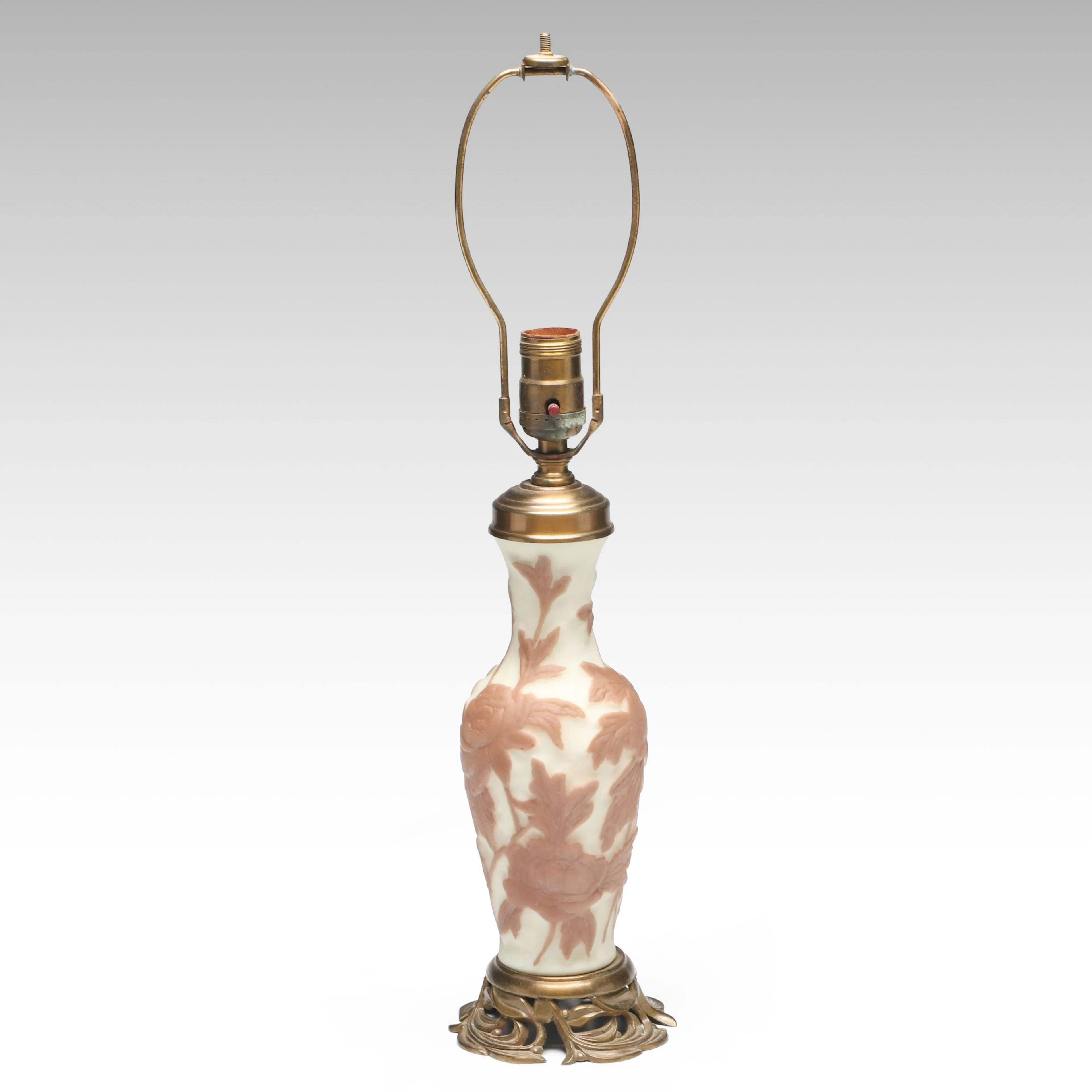 Cameo Style Uranium Glass Table Lamp with Cast Brass Foot, Vintage