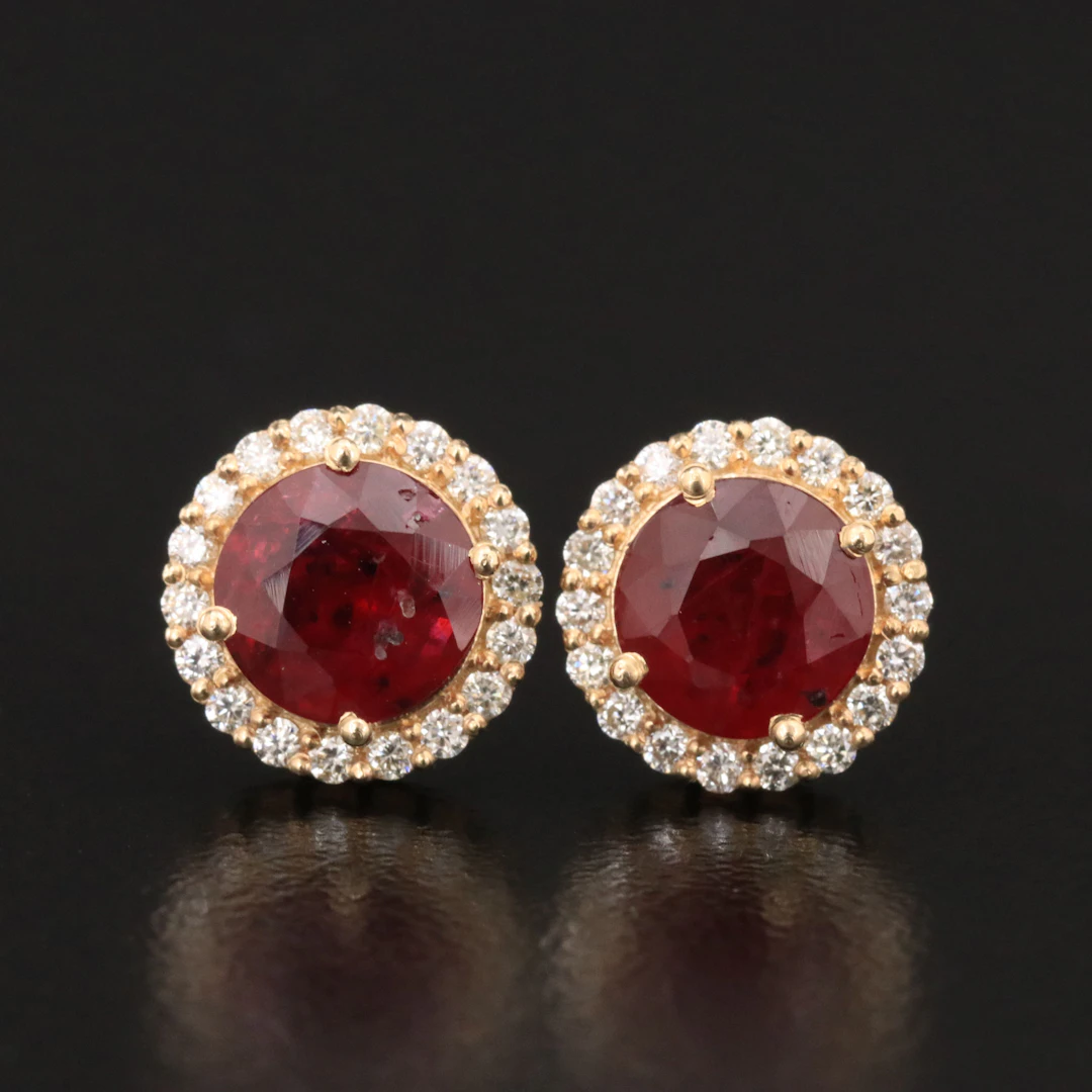 14K 1.96 CTW Mozambique Ruby and Diamond Halo Earrings with GIA Report