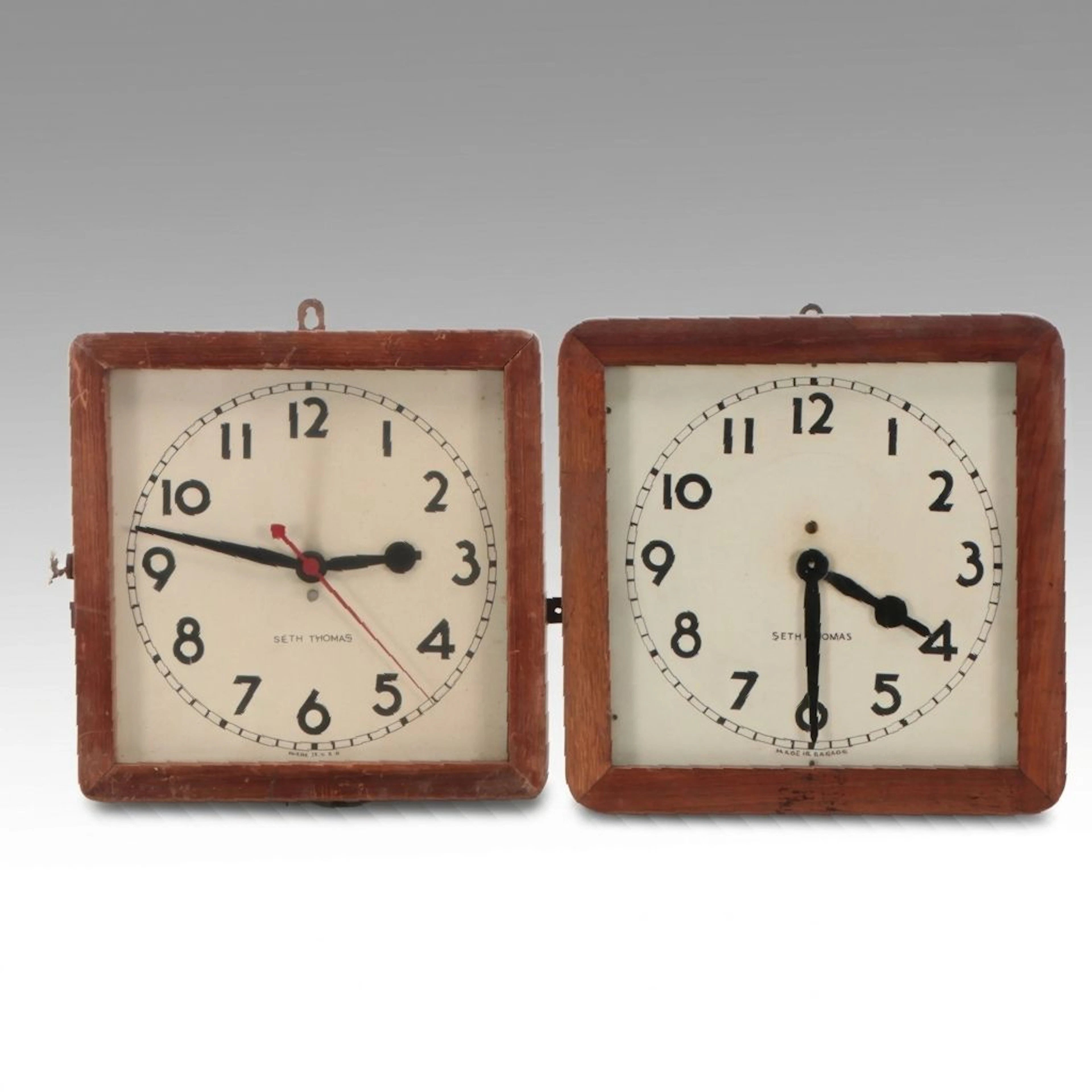 Seth Thomas Wood Framed Square Wall Clocks, 20th Century