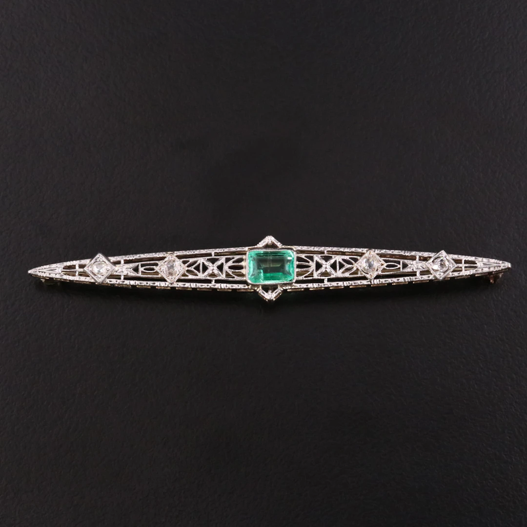 Art Deco 14K and Platinum Emerald and Diamond Openwork Bar Brooch