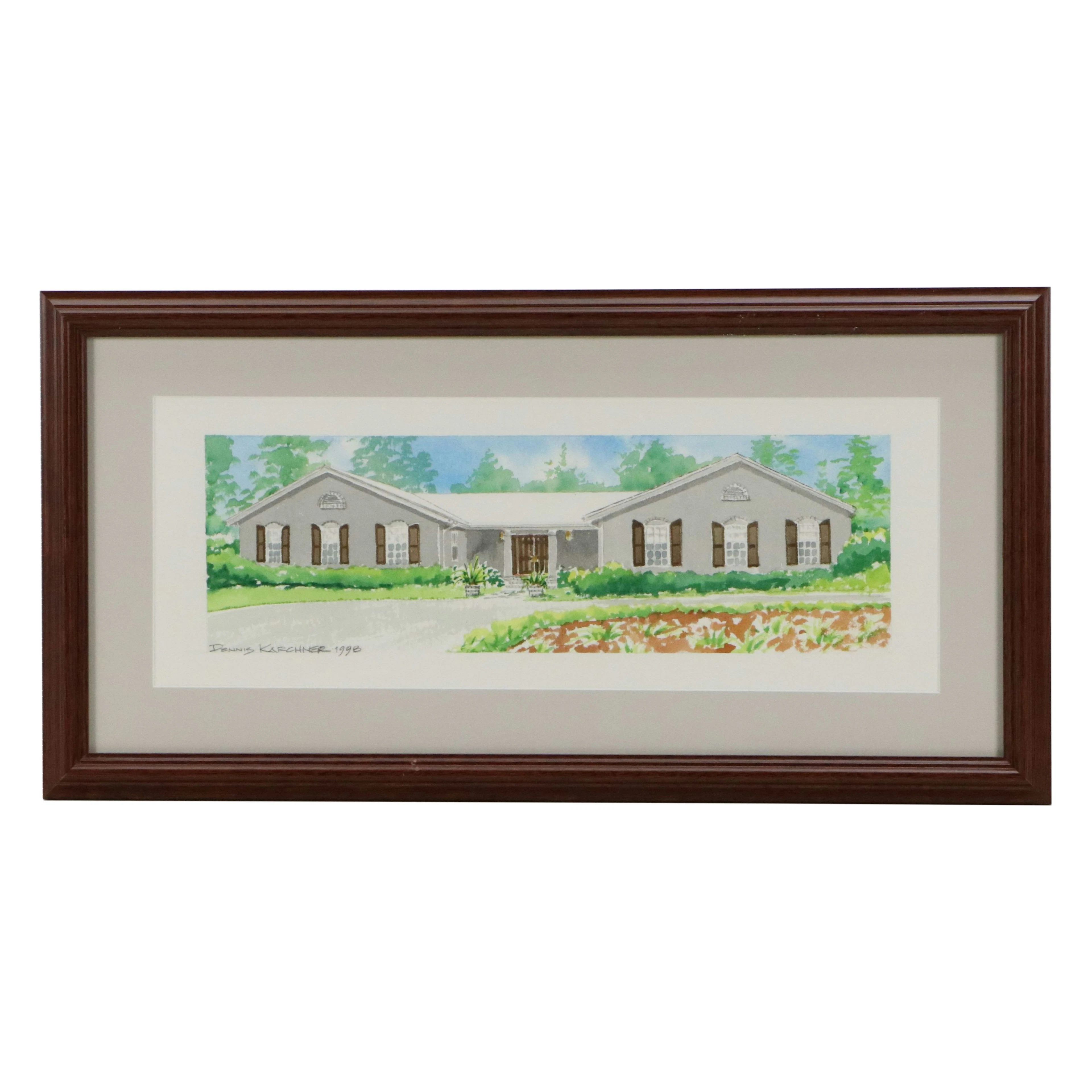 Dennis Karchner Watercolor Painting of Suburban Home, 1998