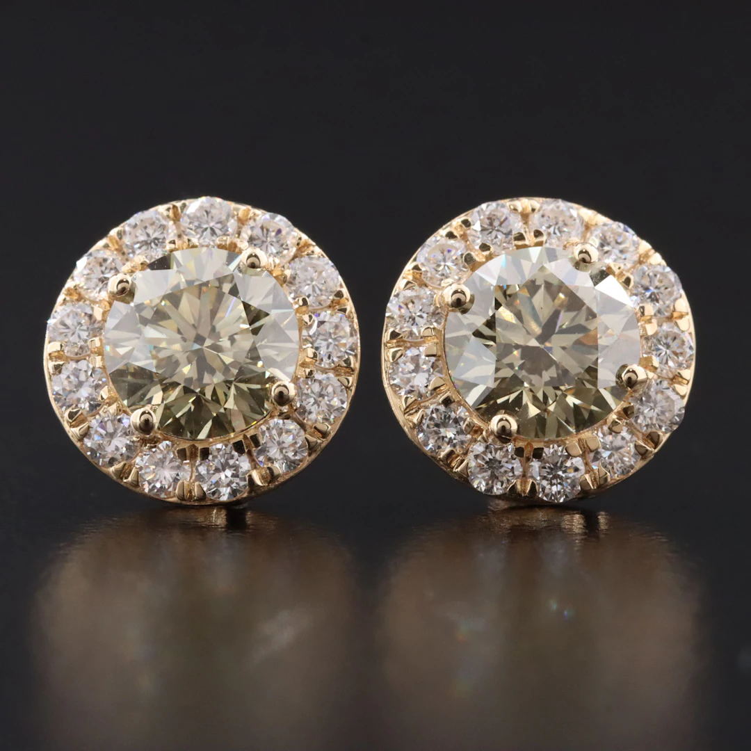 14K 2.85 CTW Lab Grown Diamond Halo Earrings with Fancy Yellow Centers