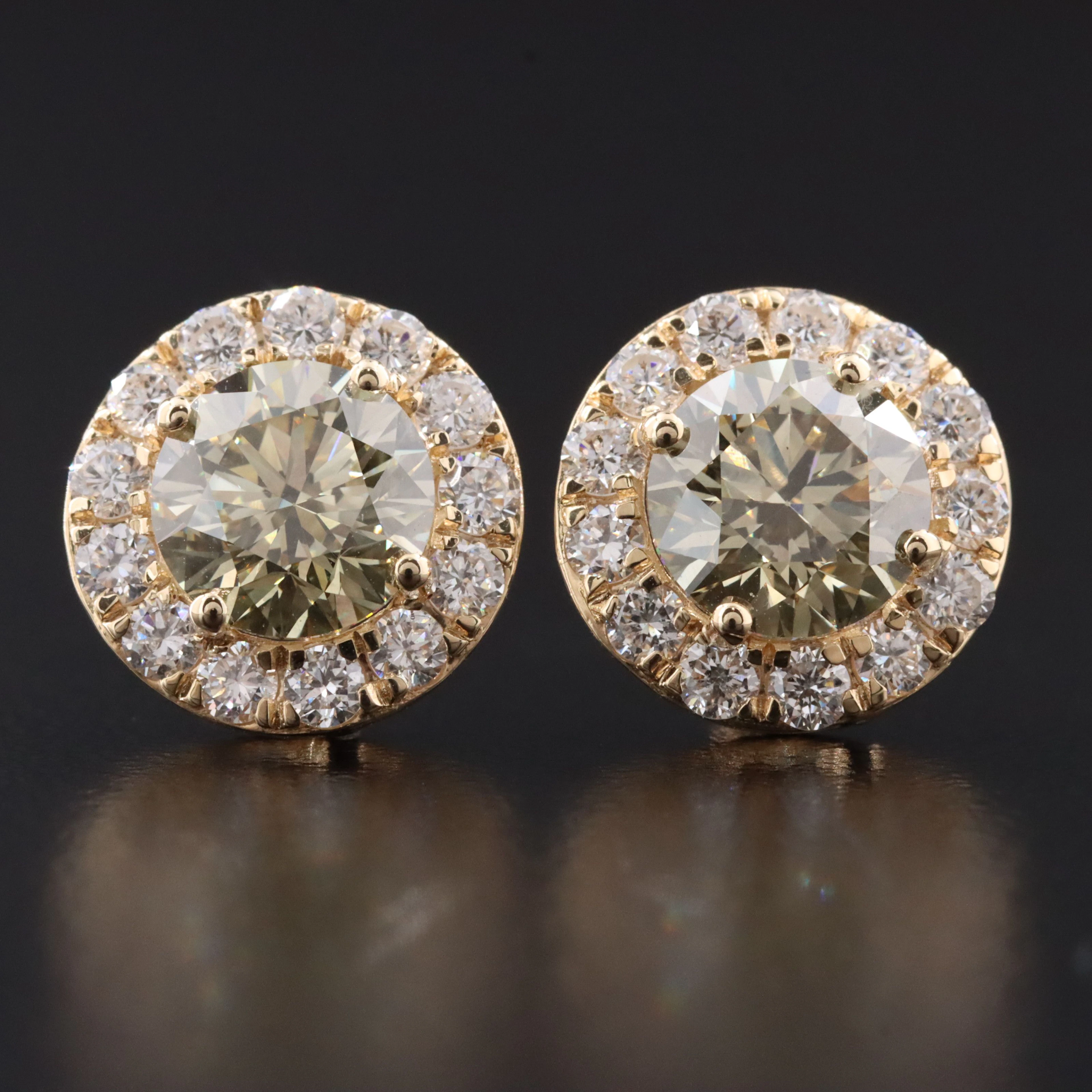 14K 2.85 CTW Lab Grown Diamond Halo Earrings with Fancy Yellow Centers