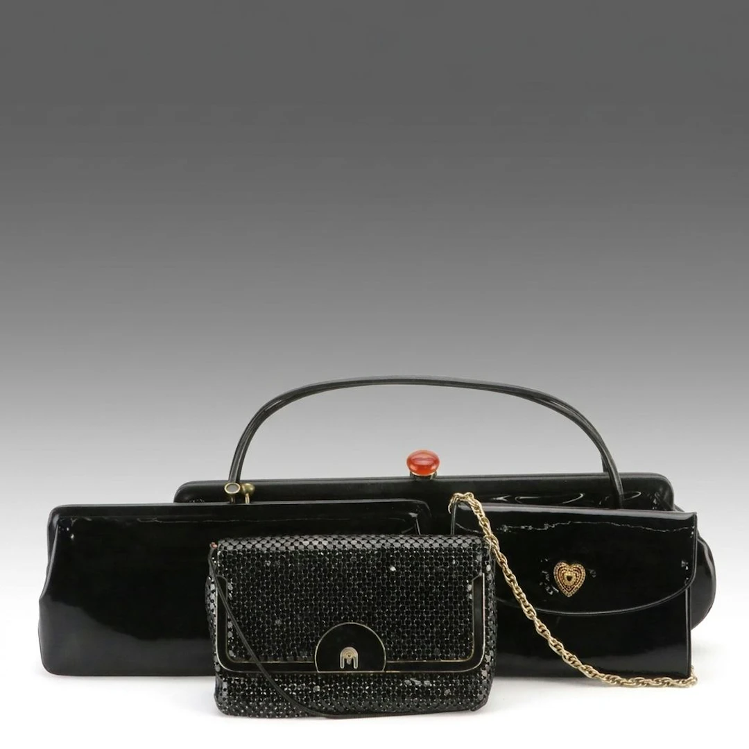 Vintage Etra Black Patent Leather Clutch, Other Patent Leather & Metal