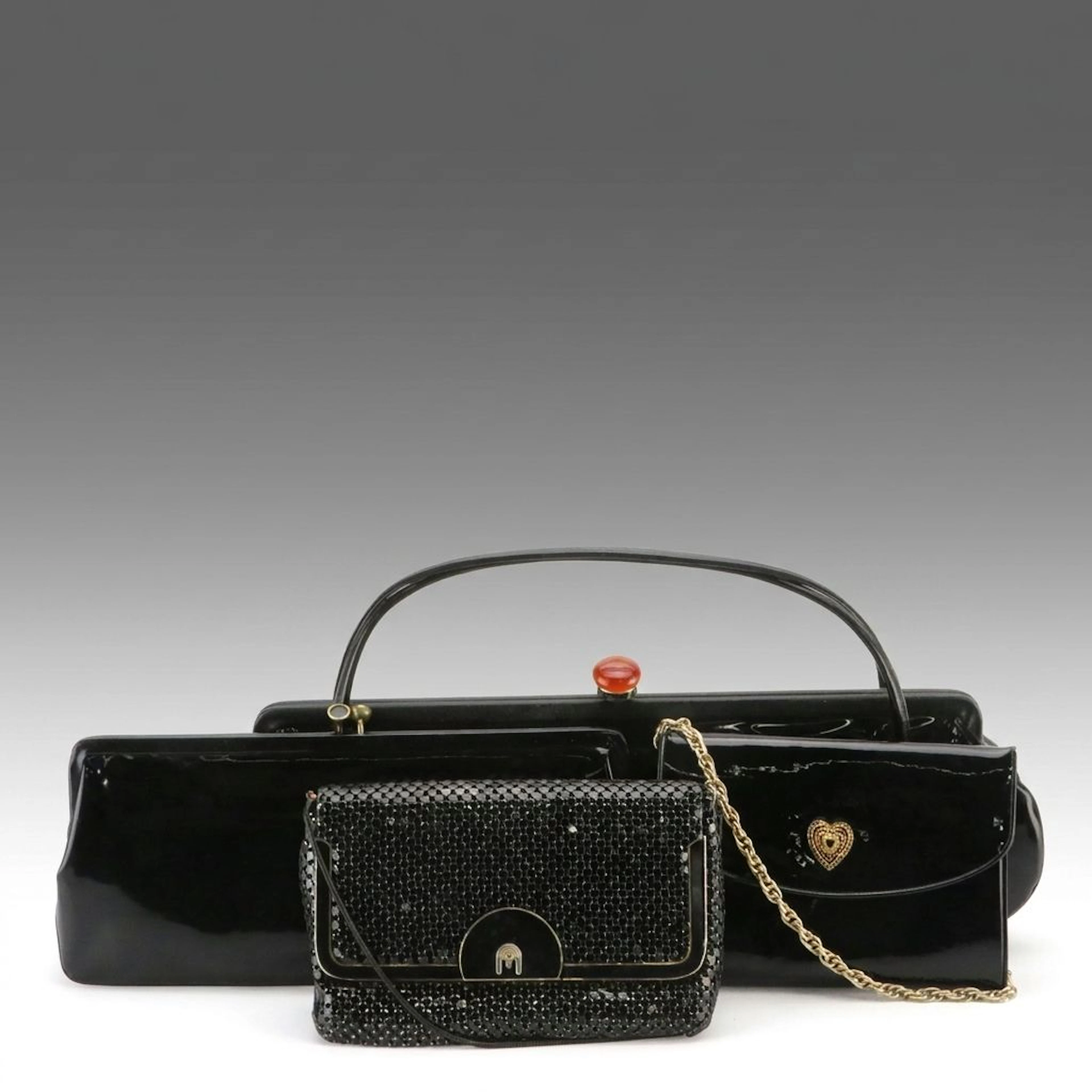 Vintage Etra Black Patent Leather Clutch, Other Patent Leather & Metal