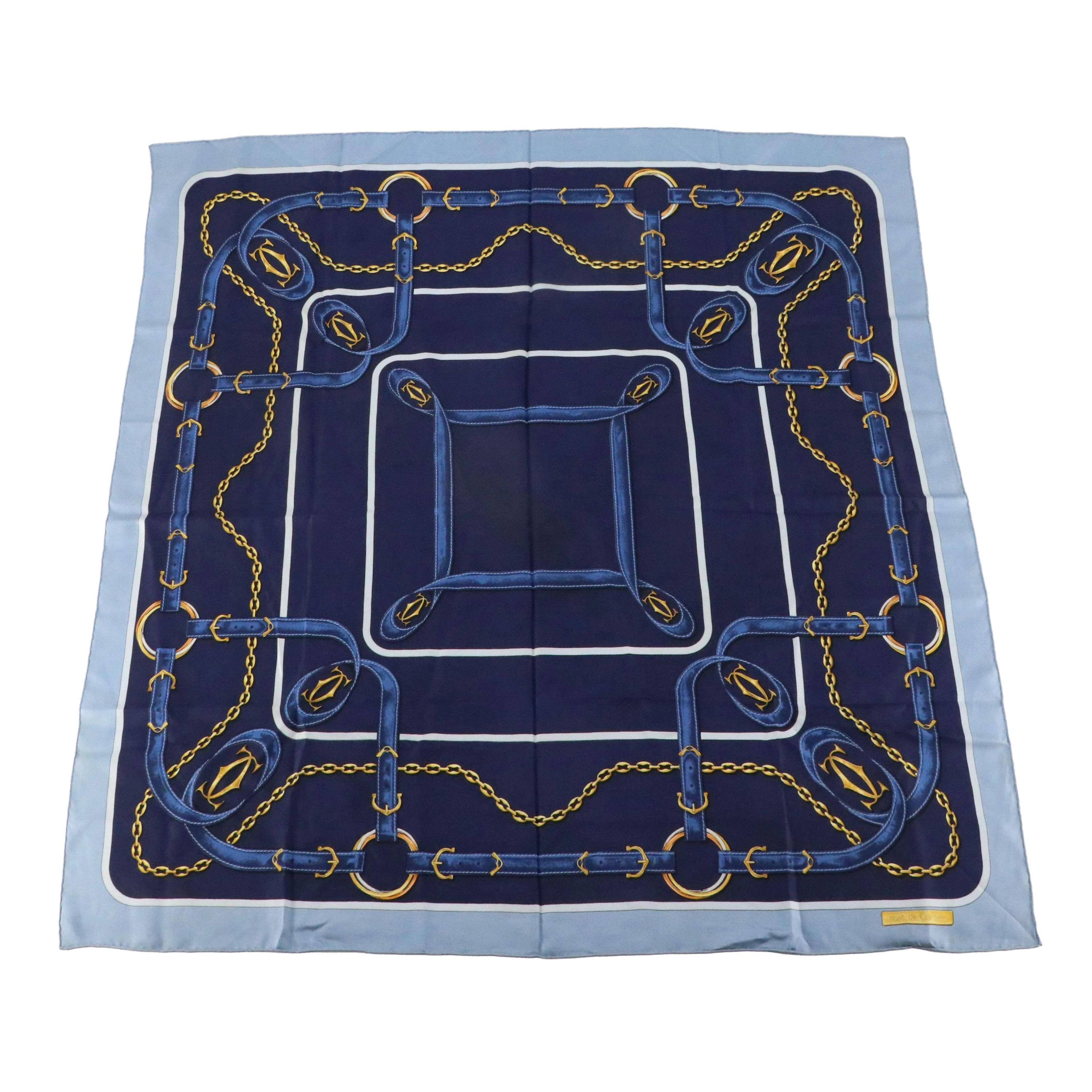 Must De Cartier Silk Scarf in Blue/Gold Belt and Chain Motif, Vintage