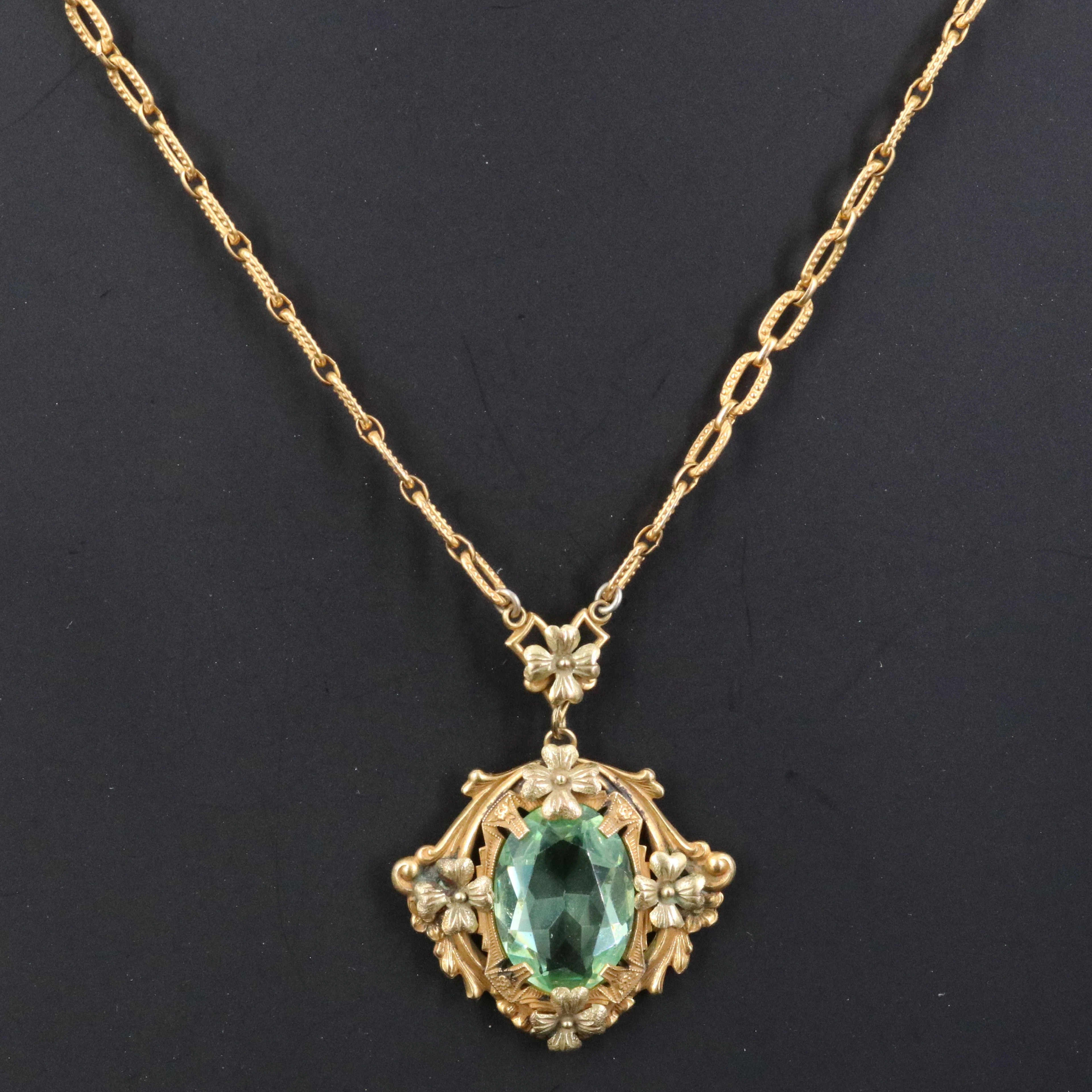 Antique Glass Floral Lavalier Necklace
