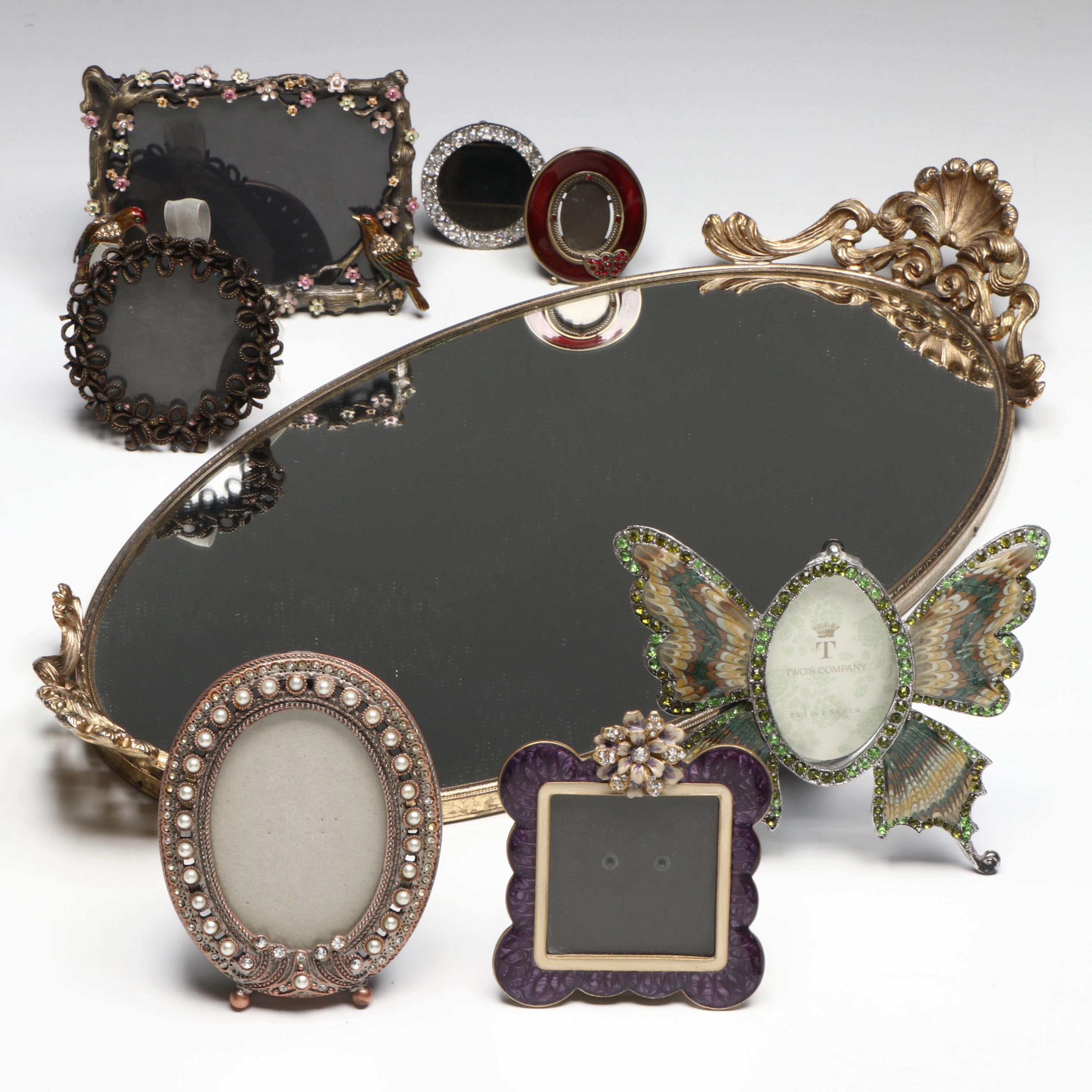 Gilt Mirror Vanity Tray with Embellished Picture Frames