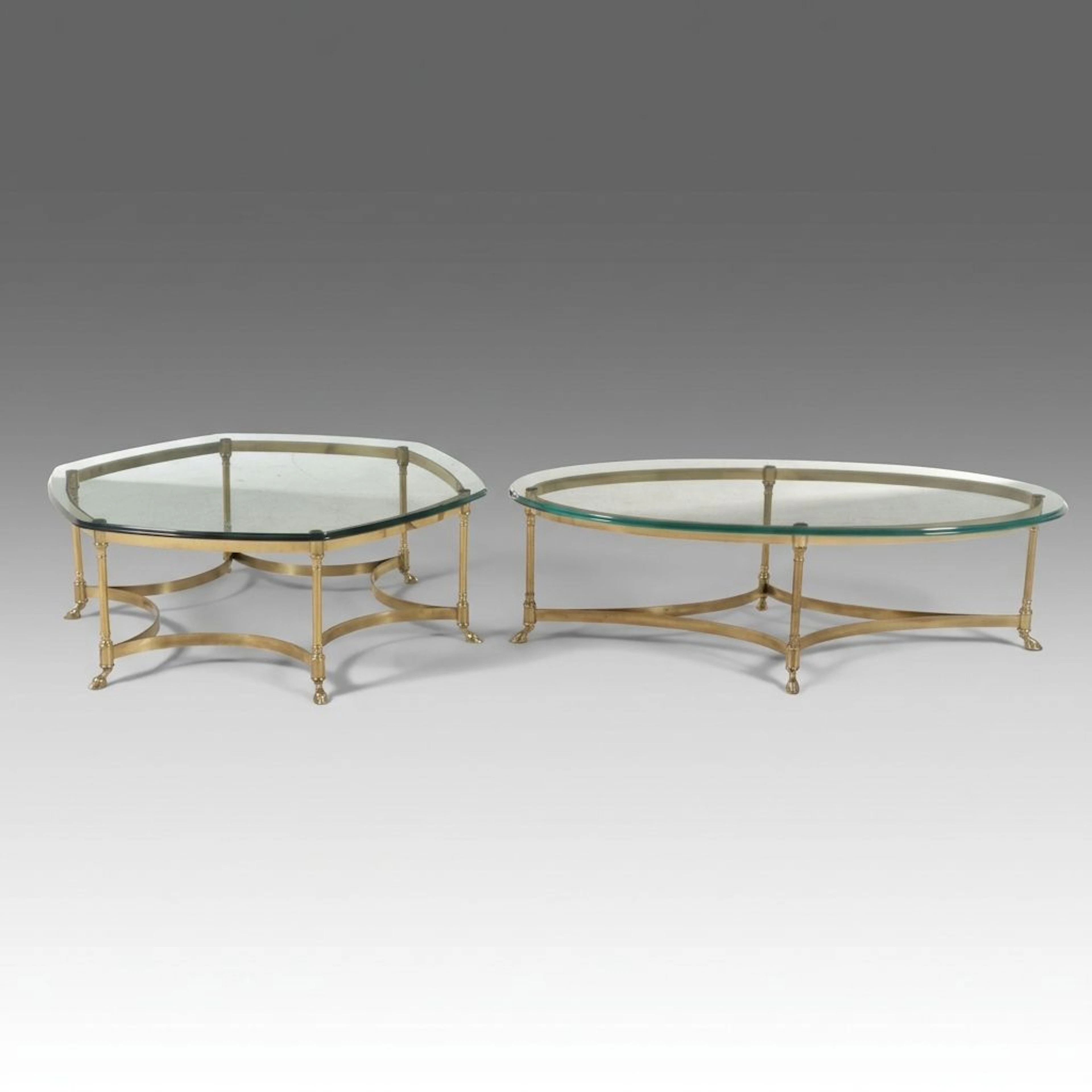 Two Neoclassical Style Glass Top Hoof-Footed Brass Coffee Tables, Late 20th C.