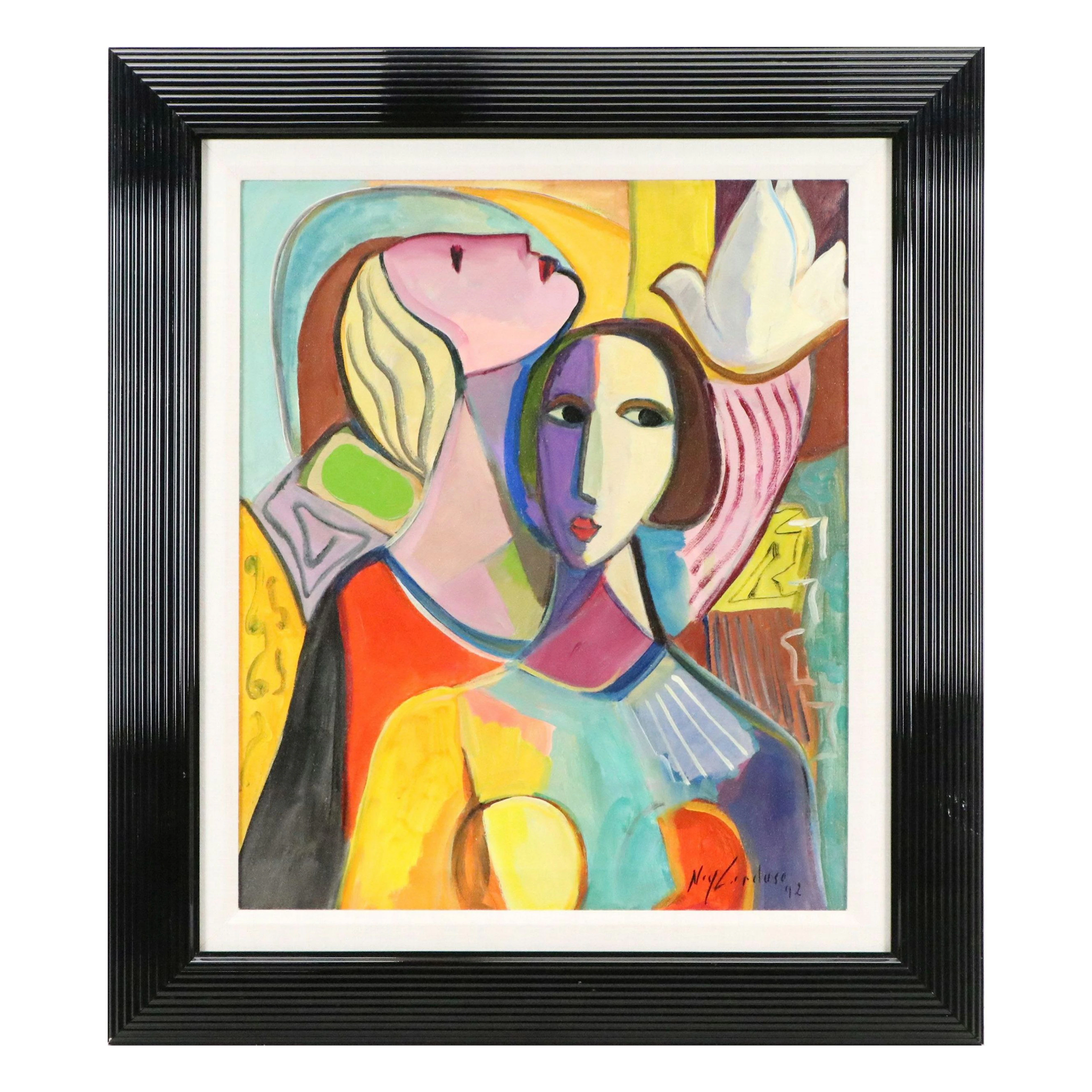 Ney Cardoso Cubistic Oil Painting of Two Women with Dove, 1992