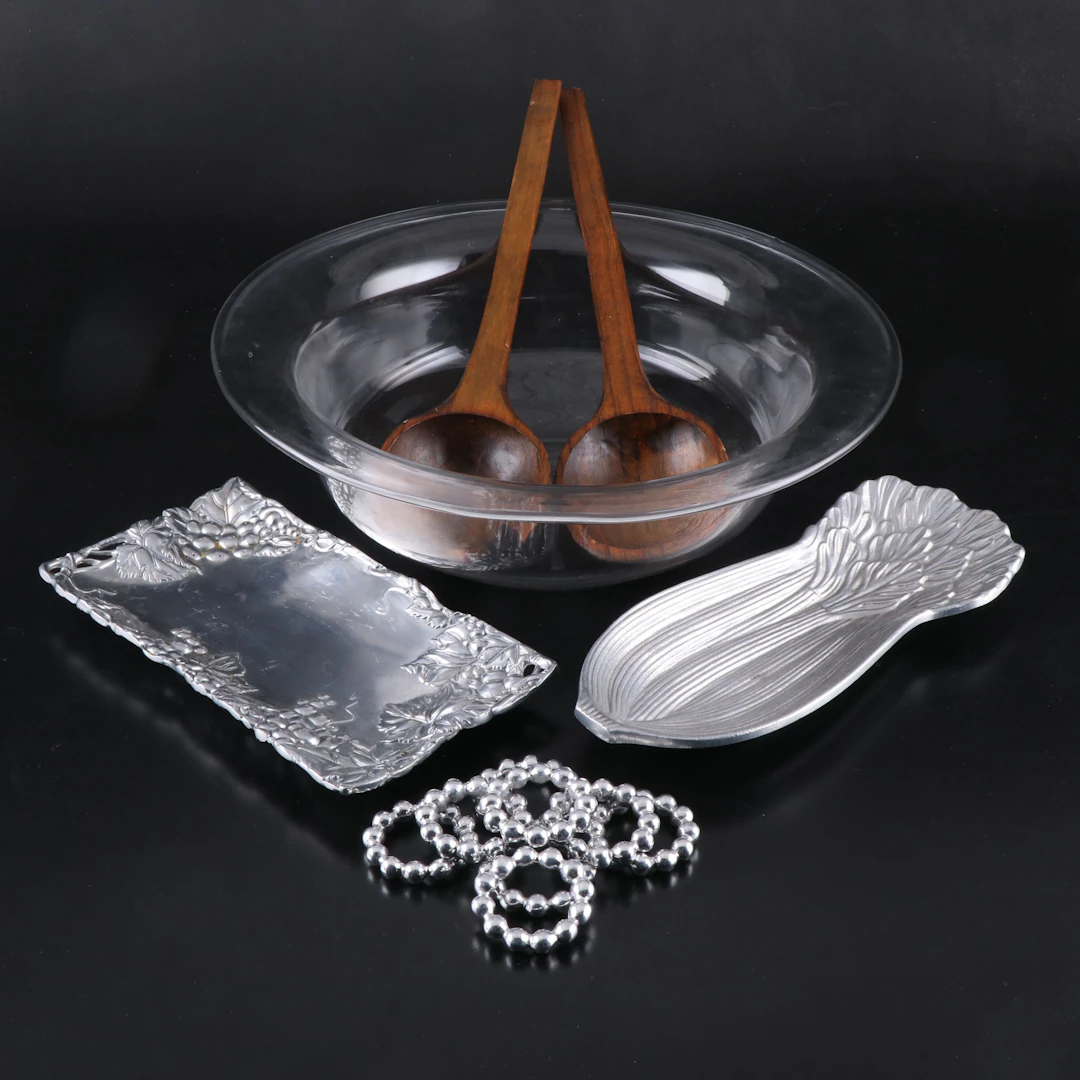 Arthur Court and Wilton Cast Metal Trays with Salad Bowl and Napkin Rings