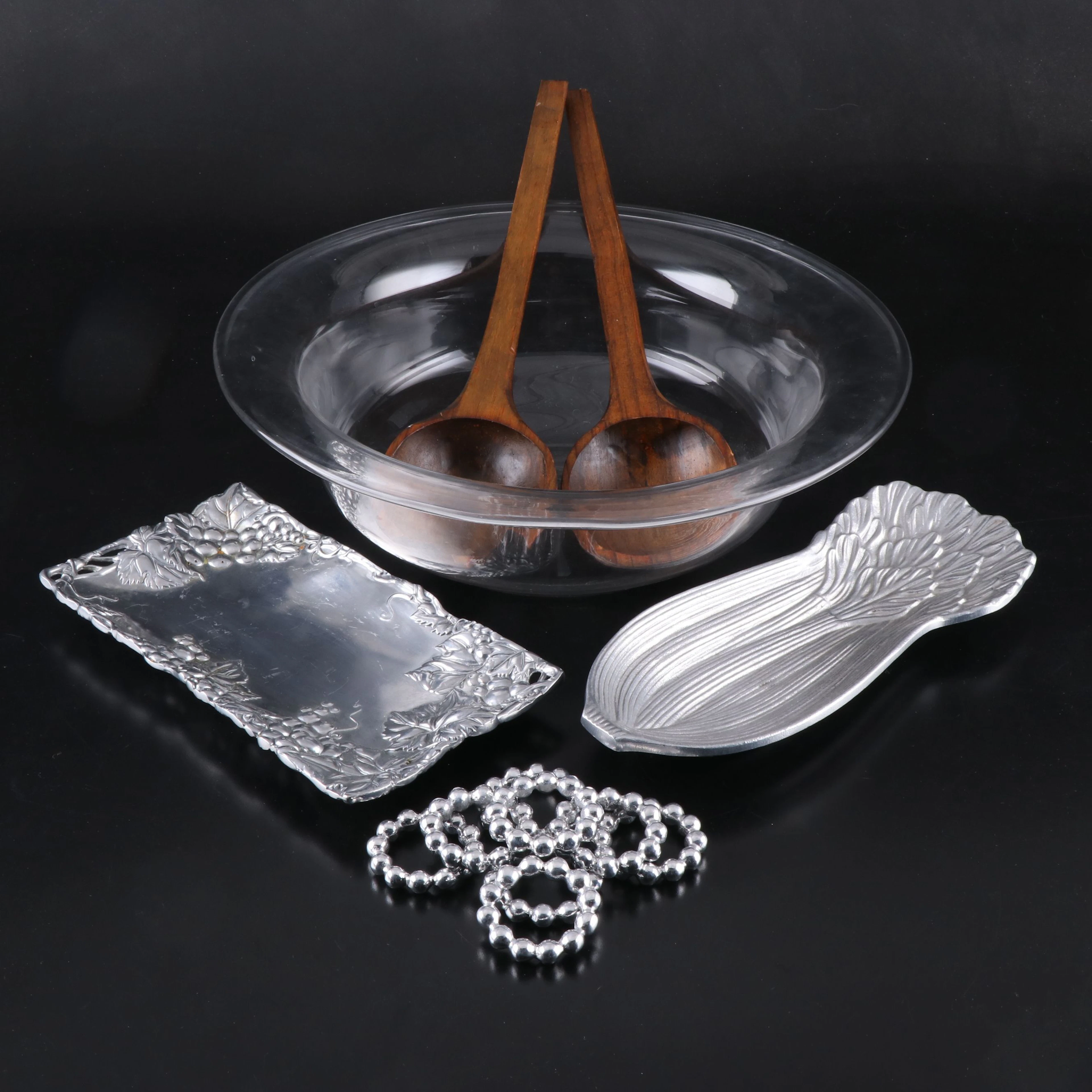 Arthur Court and Wilton Cast Metal Trays with Salad Bowl and Napkin Rings
