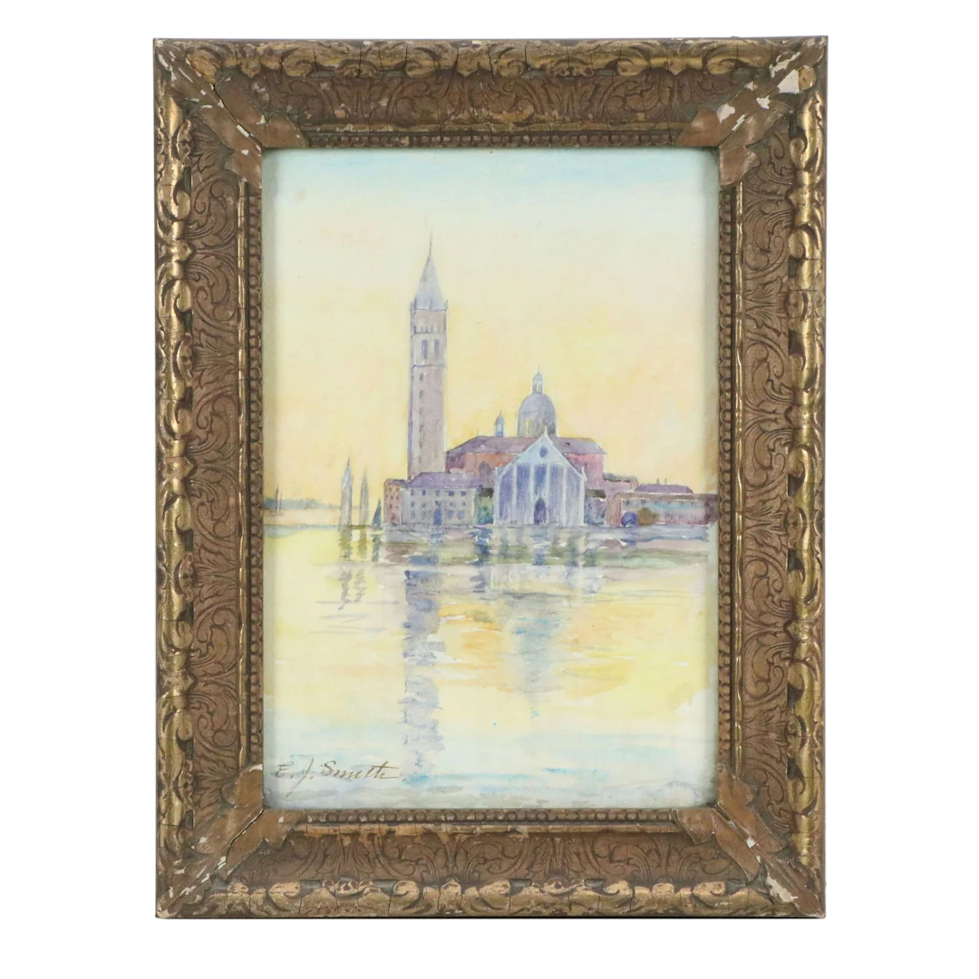 Architectural Watercolor Painting of Waterfront City