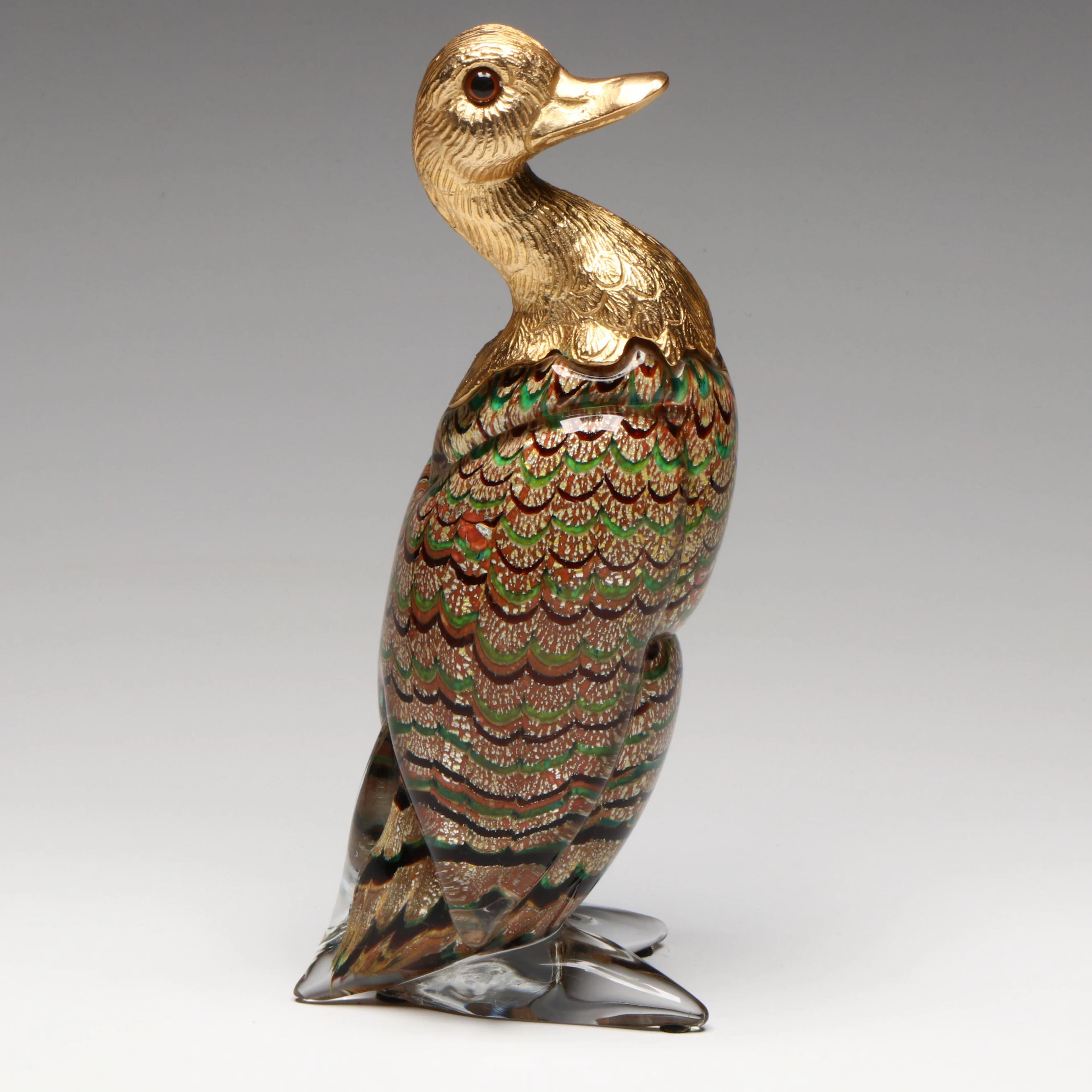 Blown Glass Duck Figurine with Gilt Metal Head