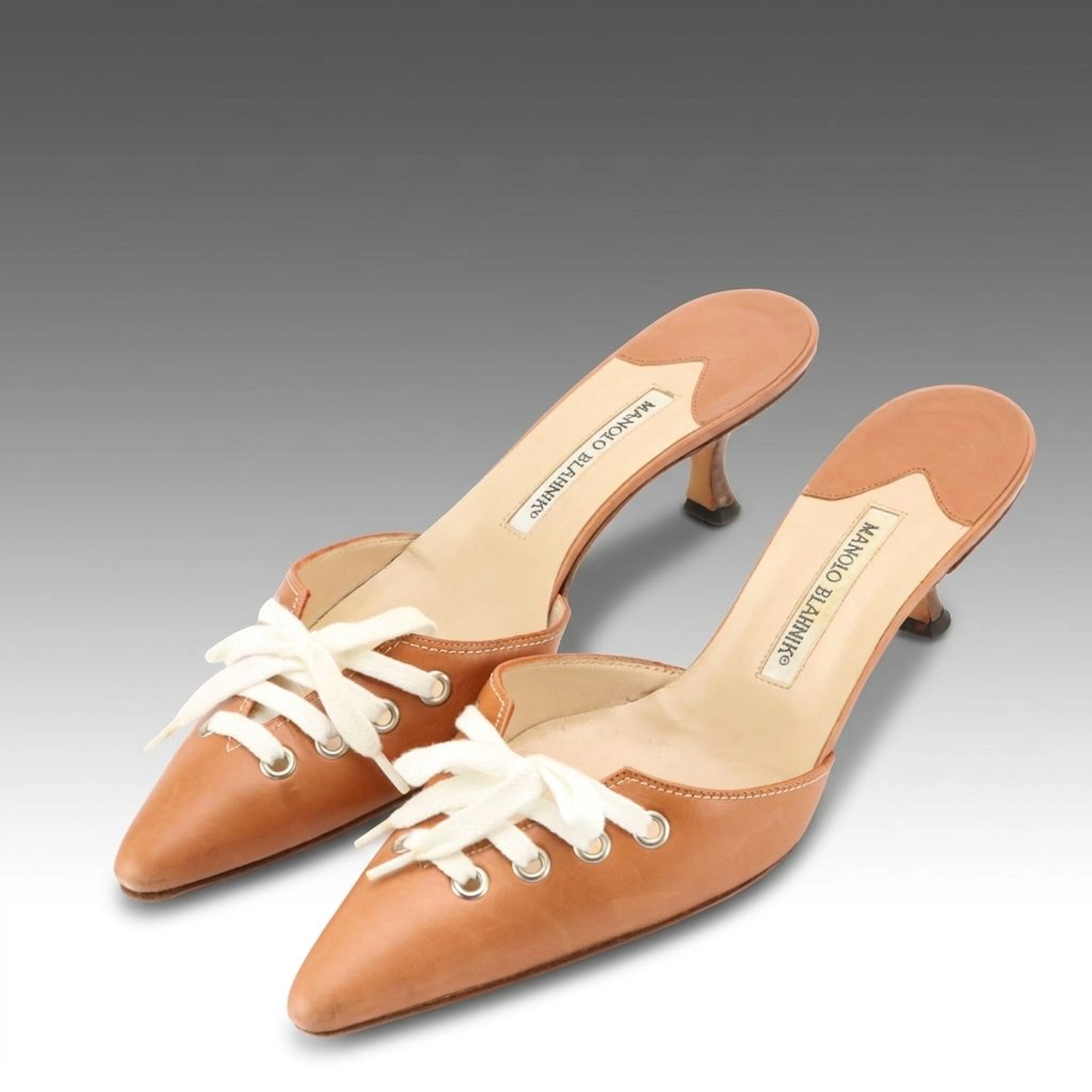 Manolo Blahnik Sneaker Kitten Heel Mules in Brown Leather with White Laces
