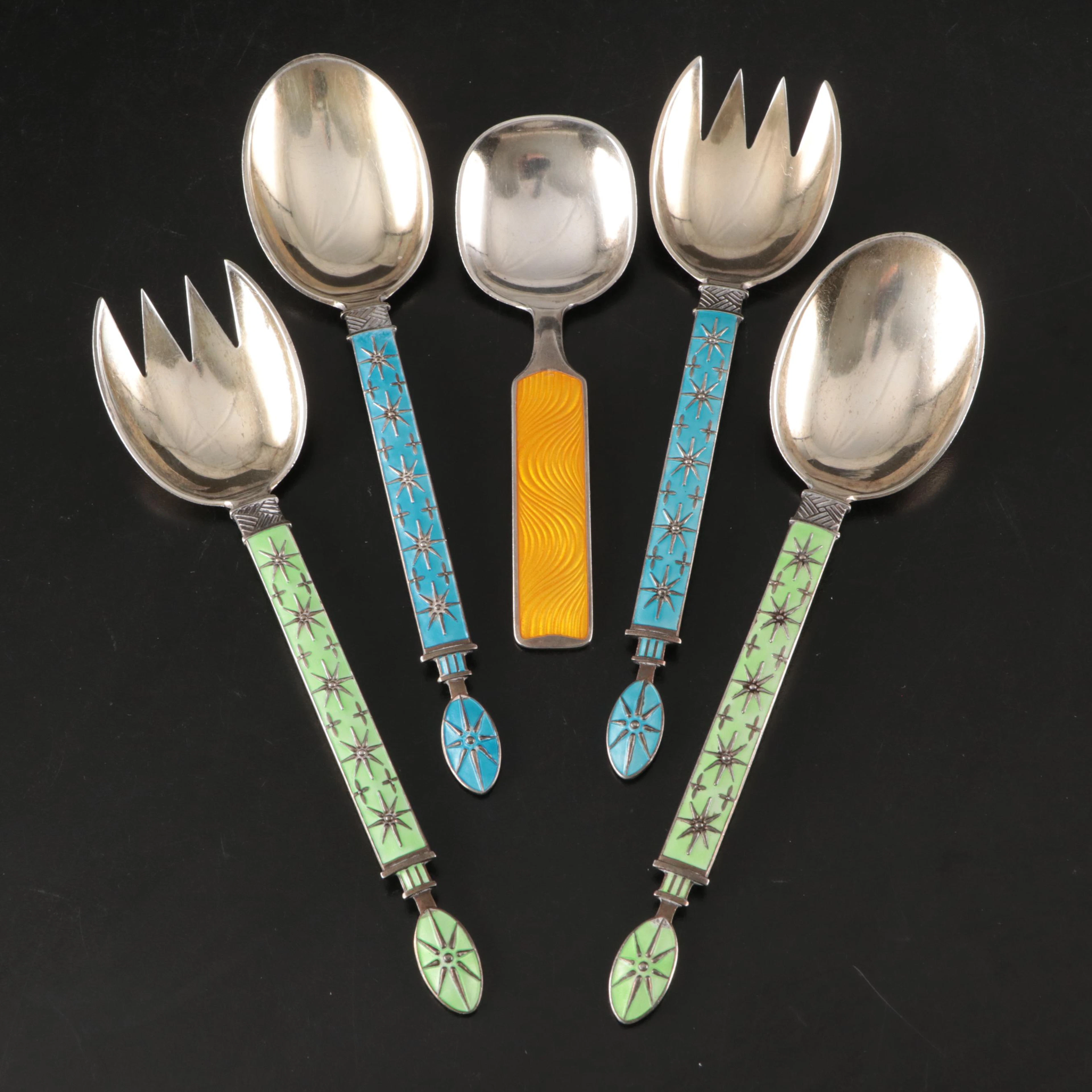 Jacob Tostrup Sterling Silver and Enamel Salad Serving Sets with Other Spoon