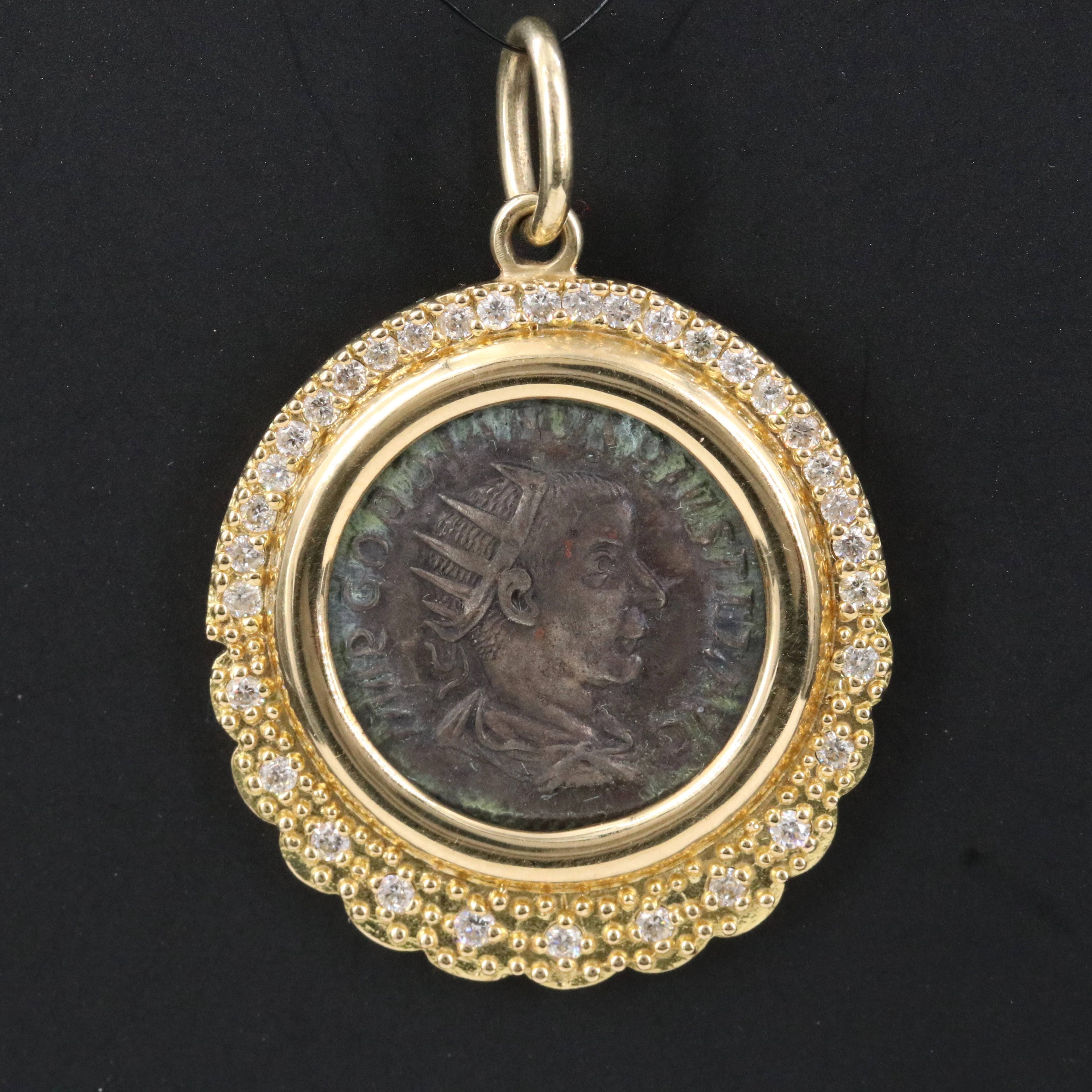 18K 0.60 CTW Diamond Pendant with Ancient Roman Imperial AR Antoninianus Coin