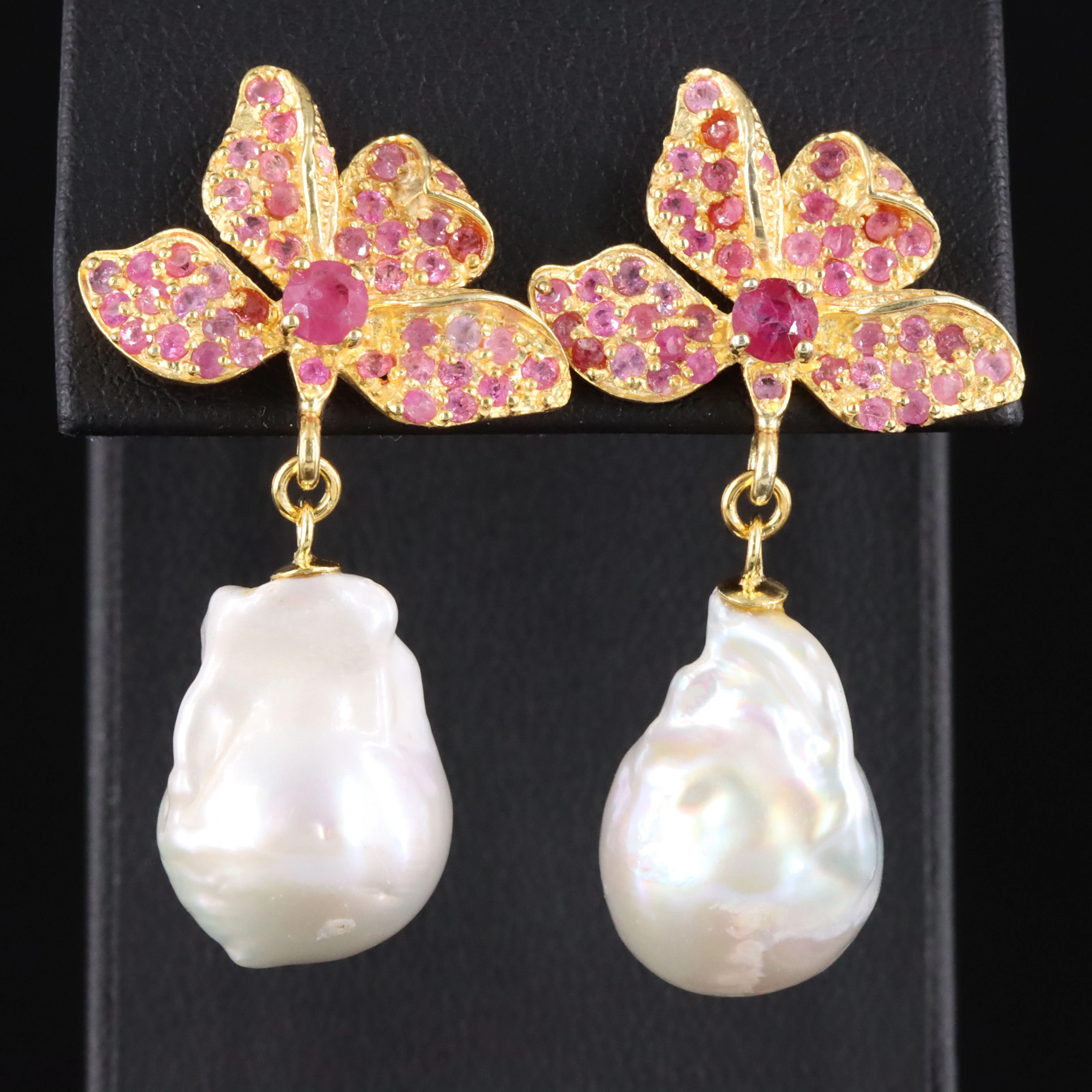Sterling Pearl & Filled Corundum Floral Earrings