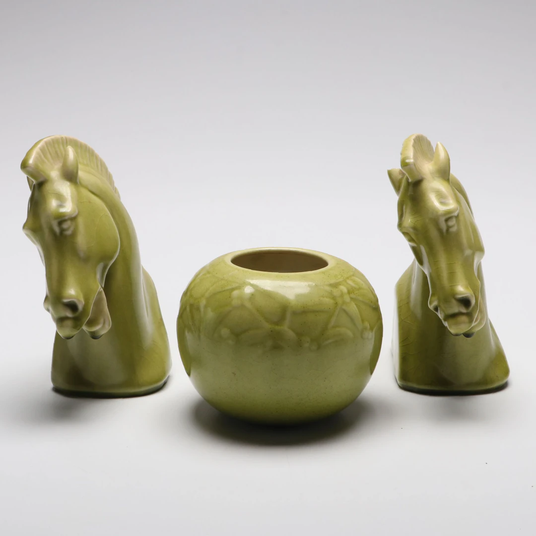Rookwood Pottery Trojan Horse Head Bookends with Vase, Mid-20th Century