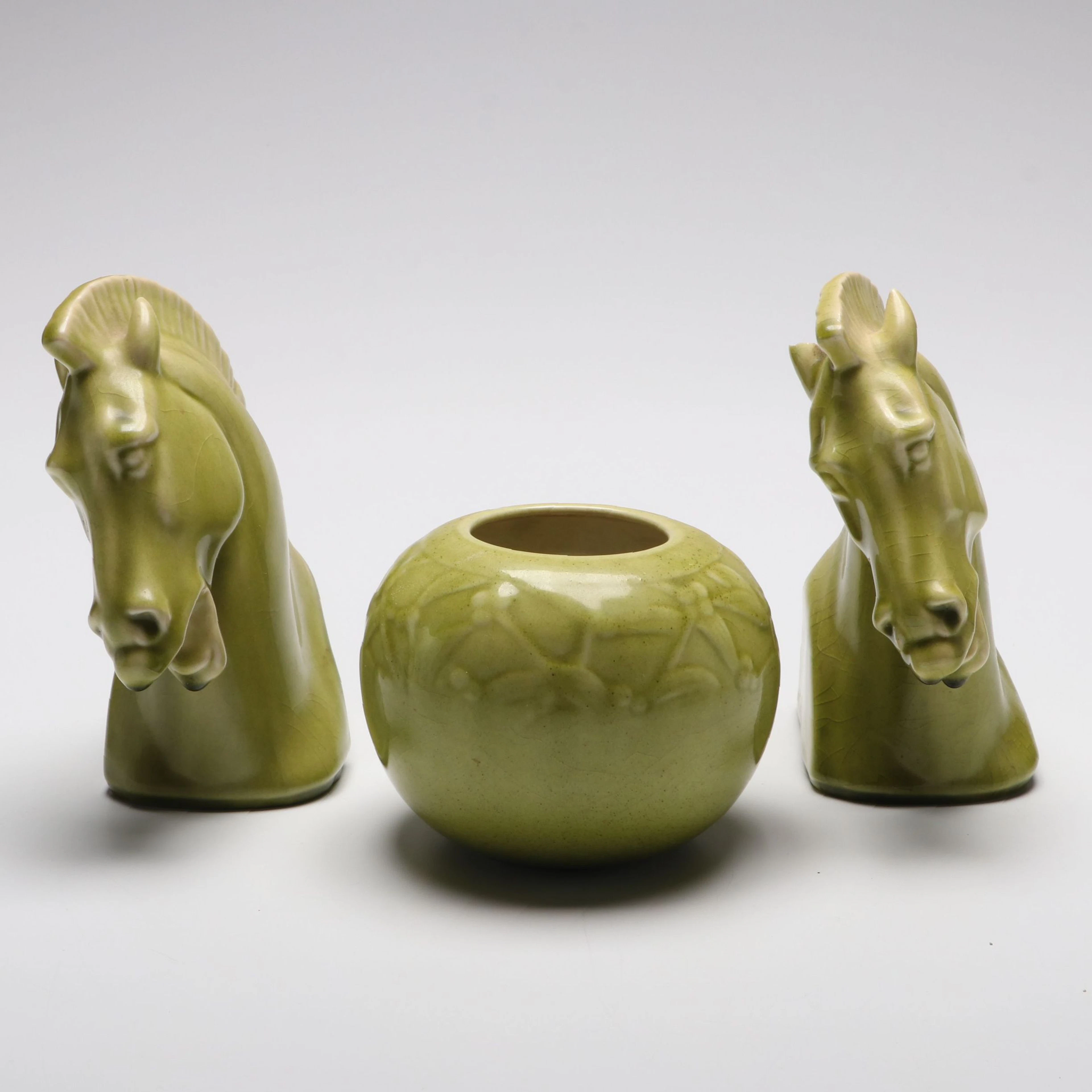 Rookwood Pottery Trojan Horse Head Bookends with Vase, Mid-20th Century