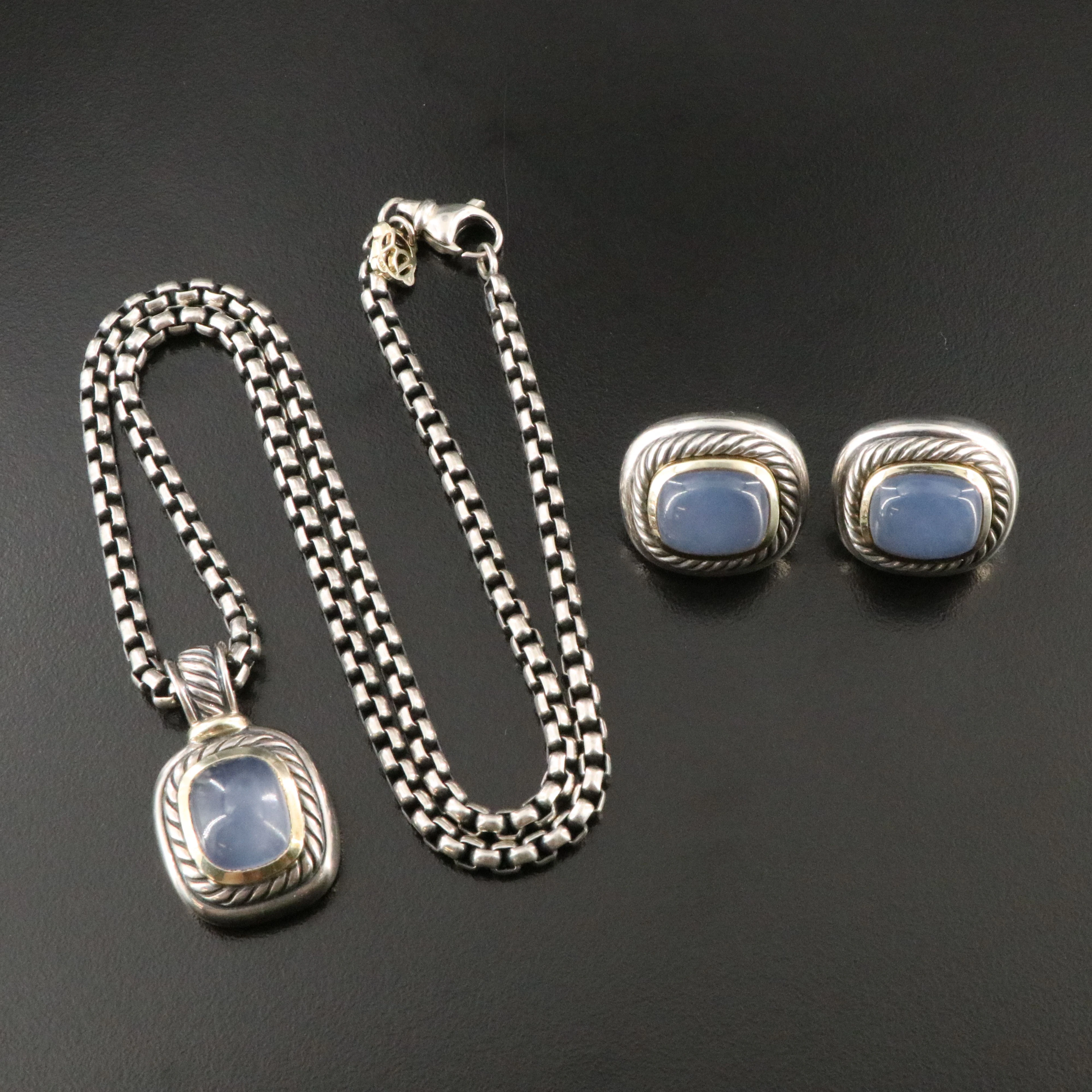 David Yurman Albion Sterling, 14K and Blue Chalcedony Pendant Necklace Earrings