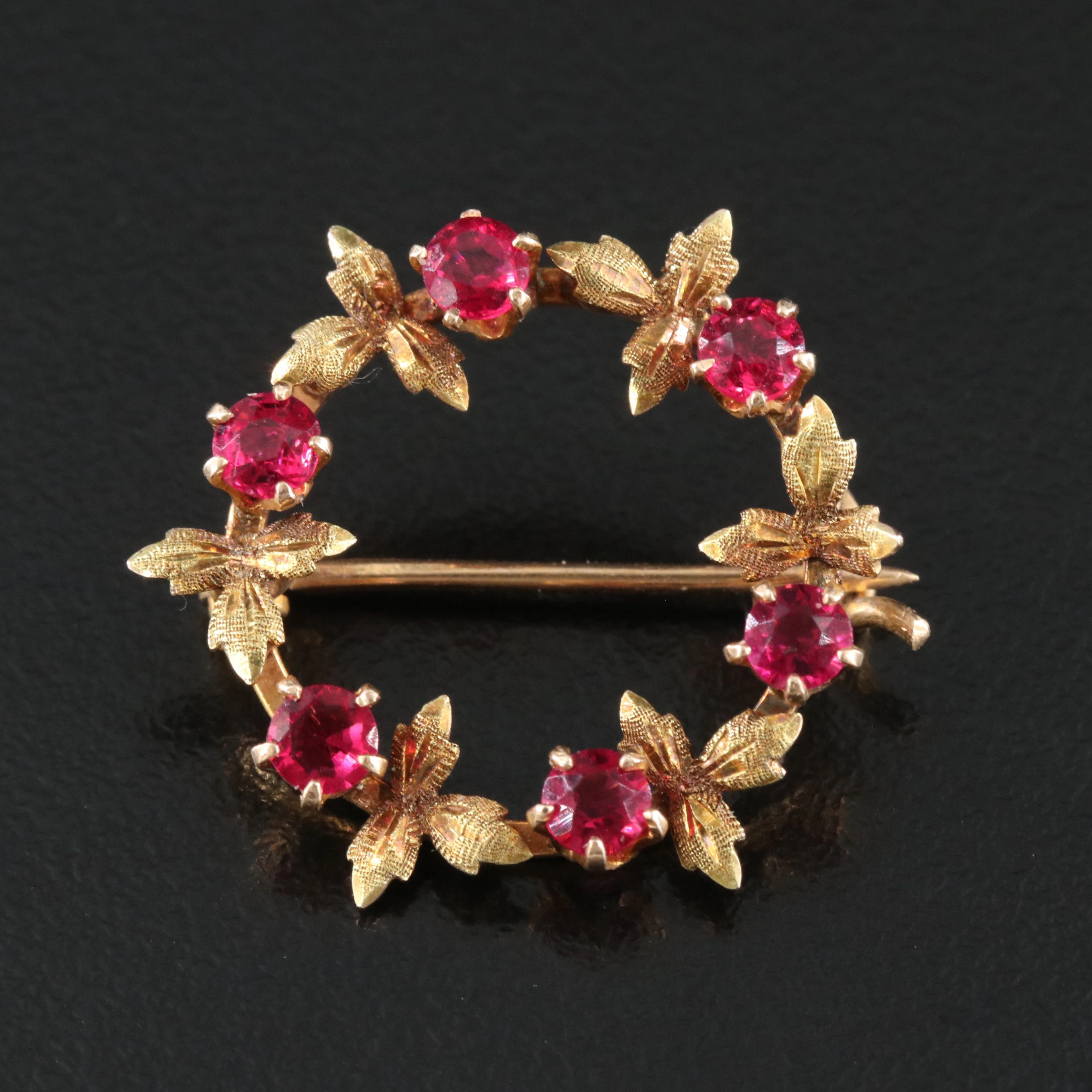Victorian 14K Garnet Ivy Circle Brooch