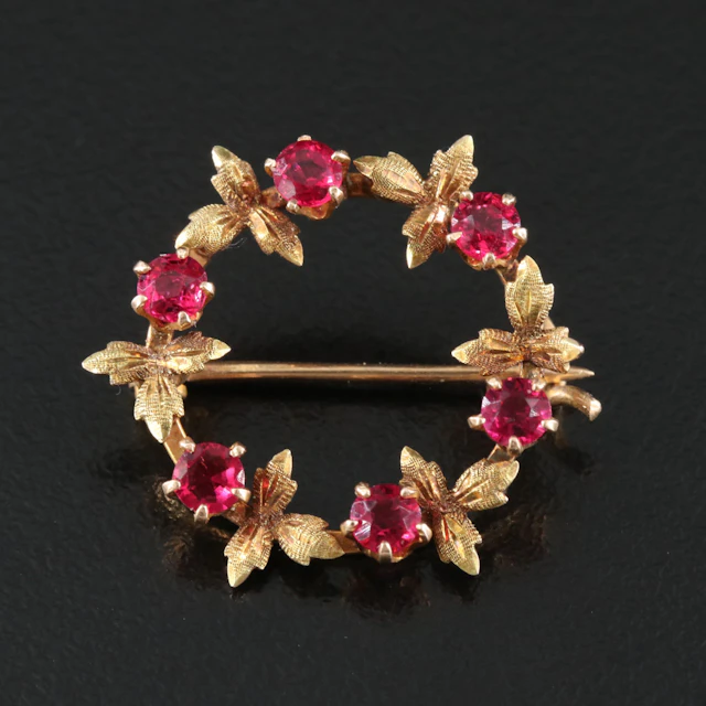 Victorian 14K Garnet Ivy Circle Brooch