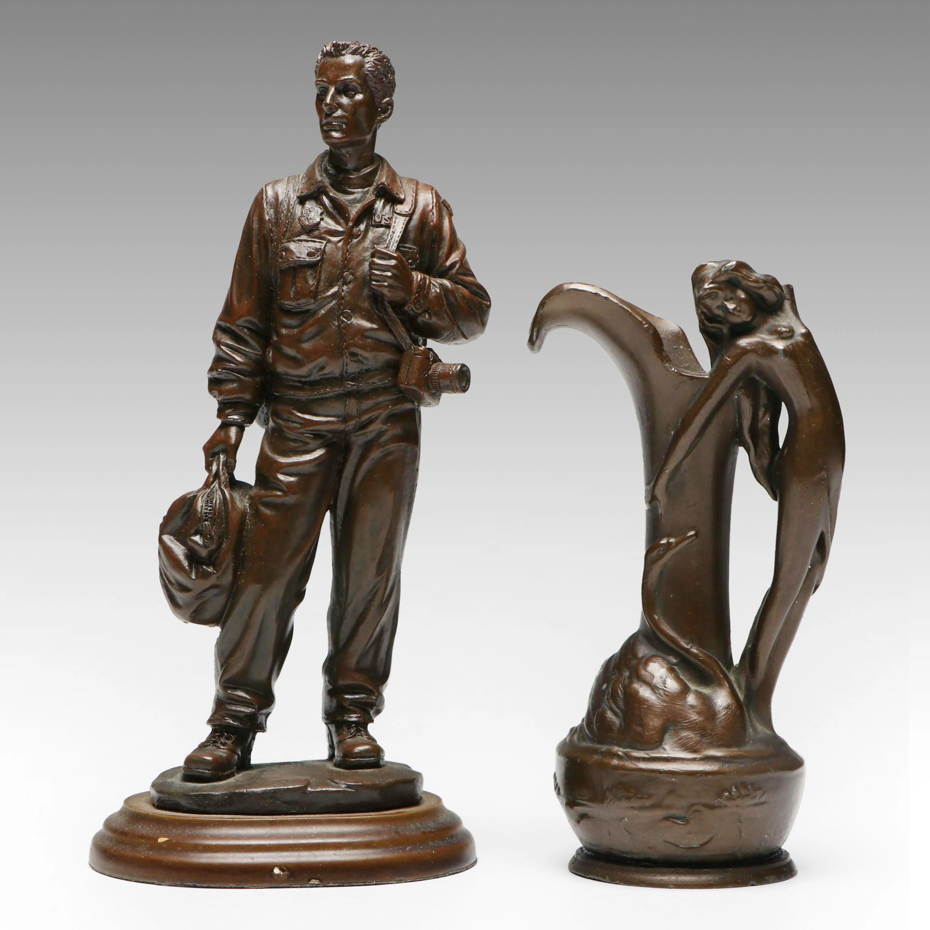Art Nouveau Style Bronzed Ewer and Military Photographer Figurine