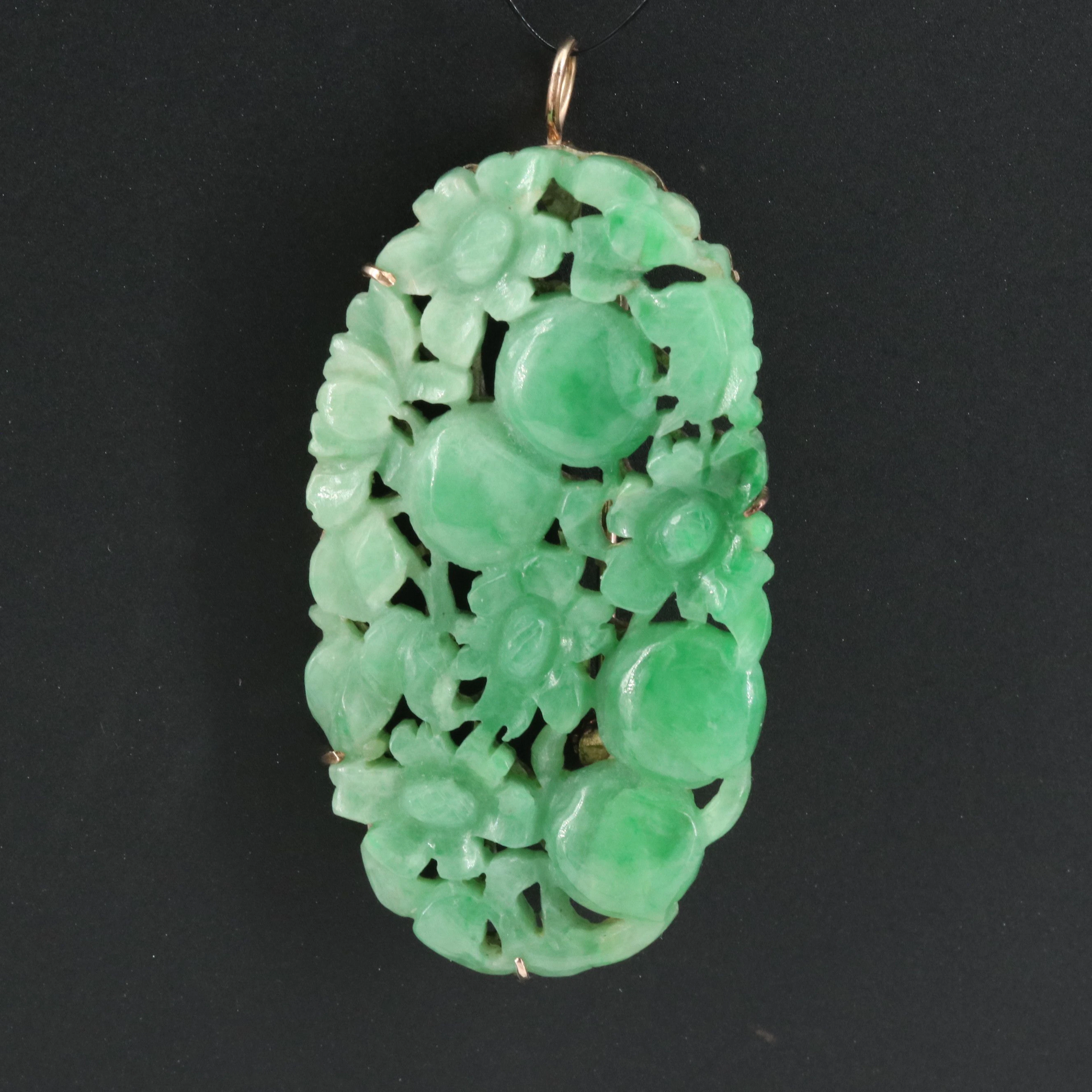 10K Carved Jadeite Foliate and Floral Brooch