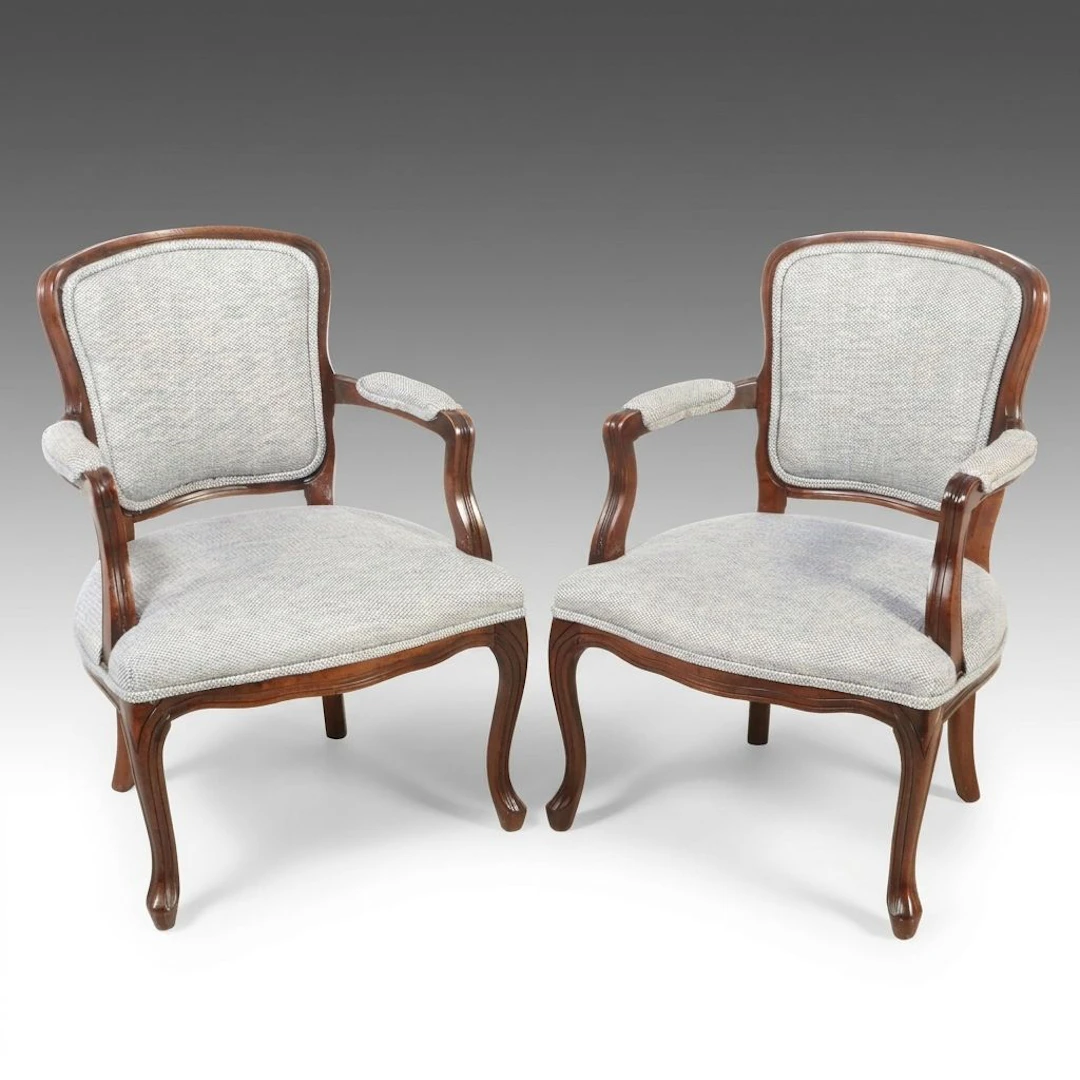 Pair of Louis XV Style Custom-Upholstered Hardwood Fauteuils, Late 20th Century