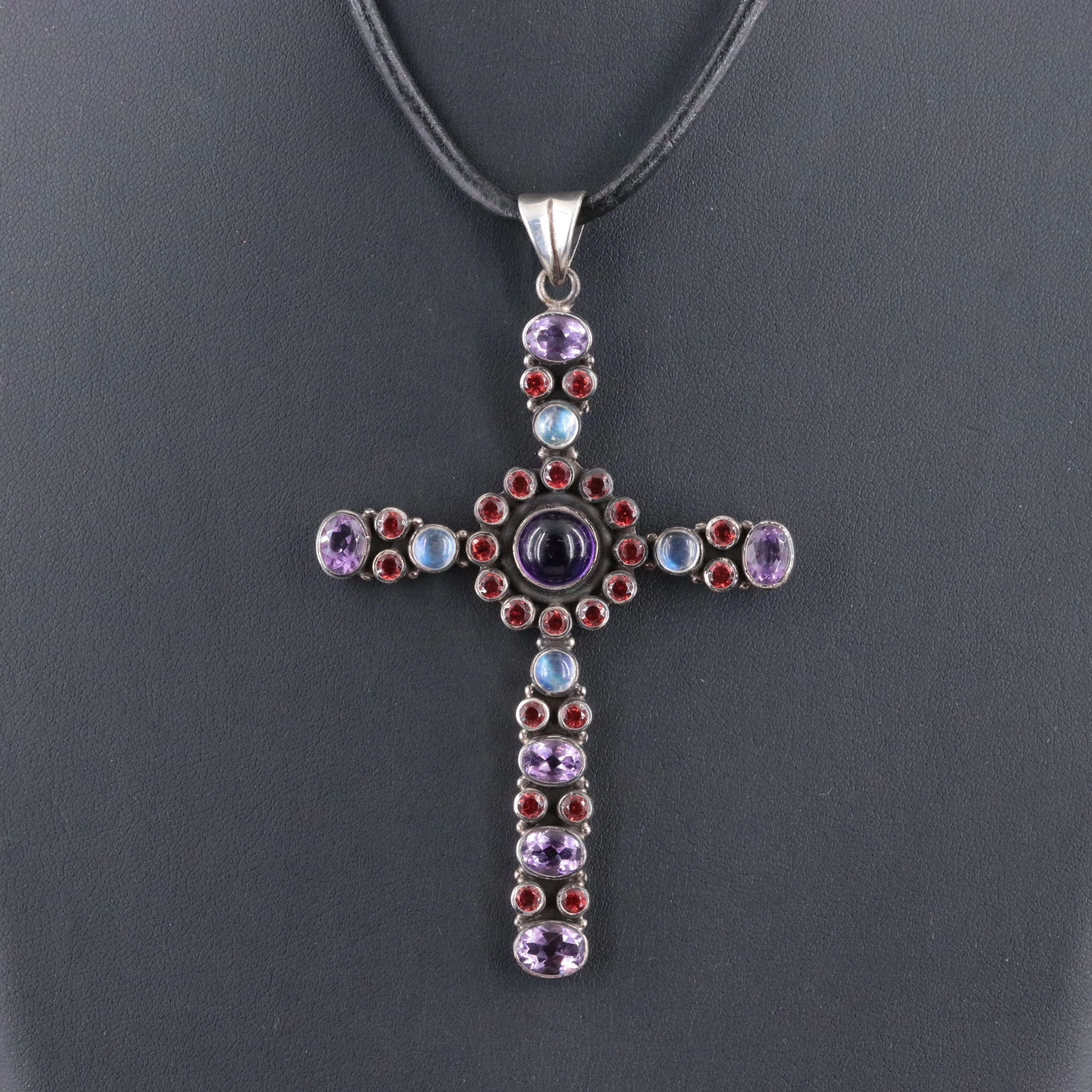 Nicky Butler Sterling Amethyst, Garnet and Moonstone Cross Pendant Necklace