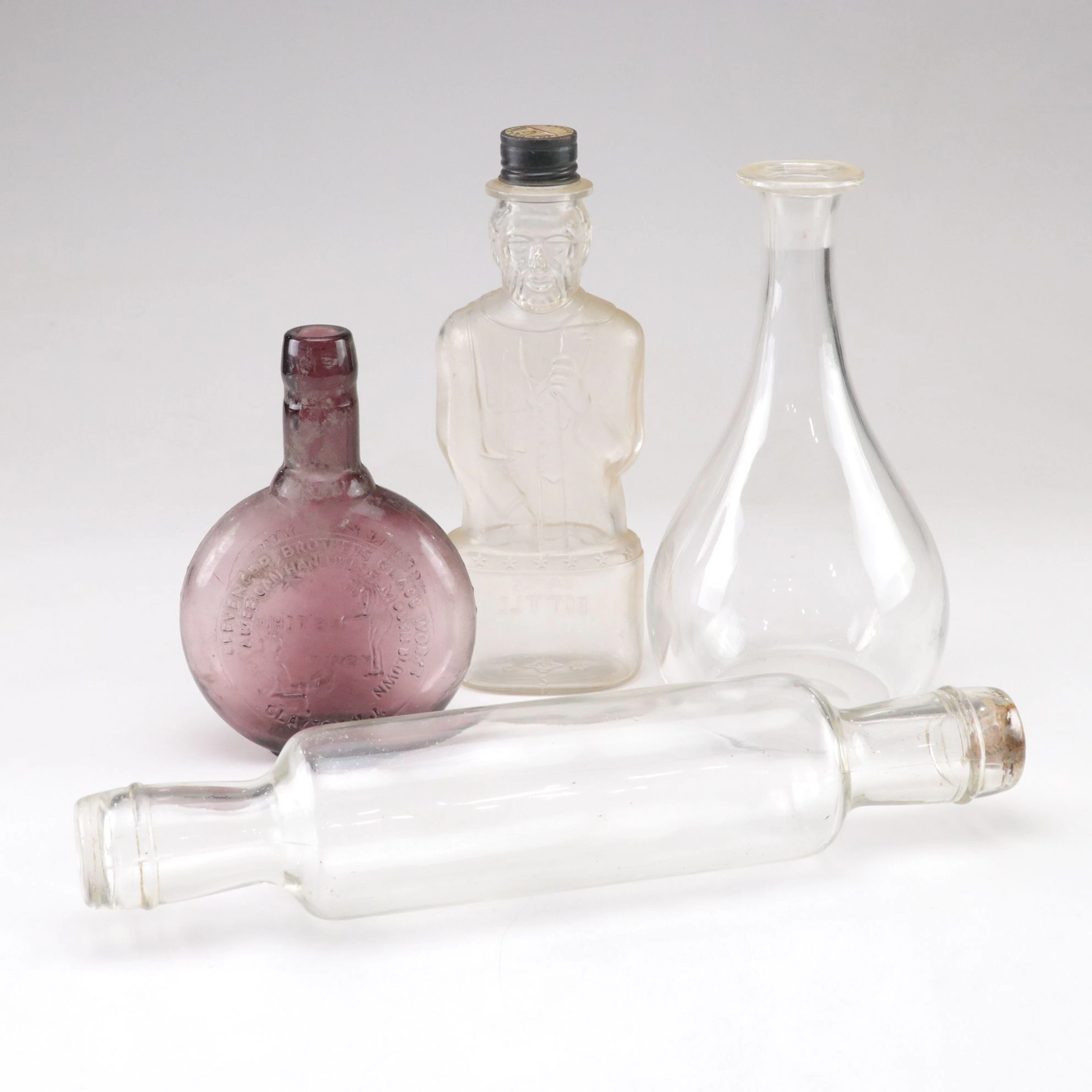 Abraham Lincoln Figural Bank Bottle, Clevenger Brothers Amethyst Bottle & More