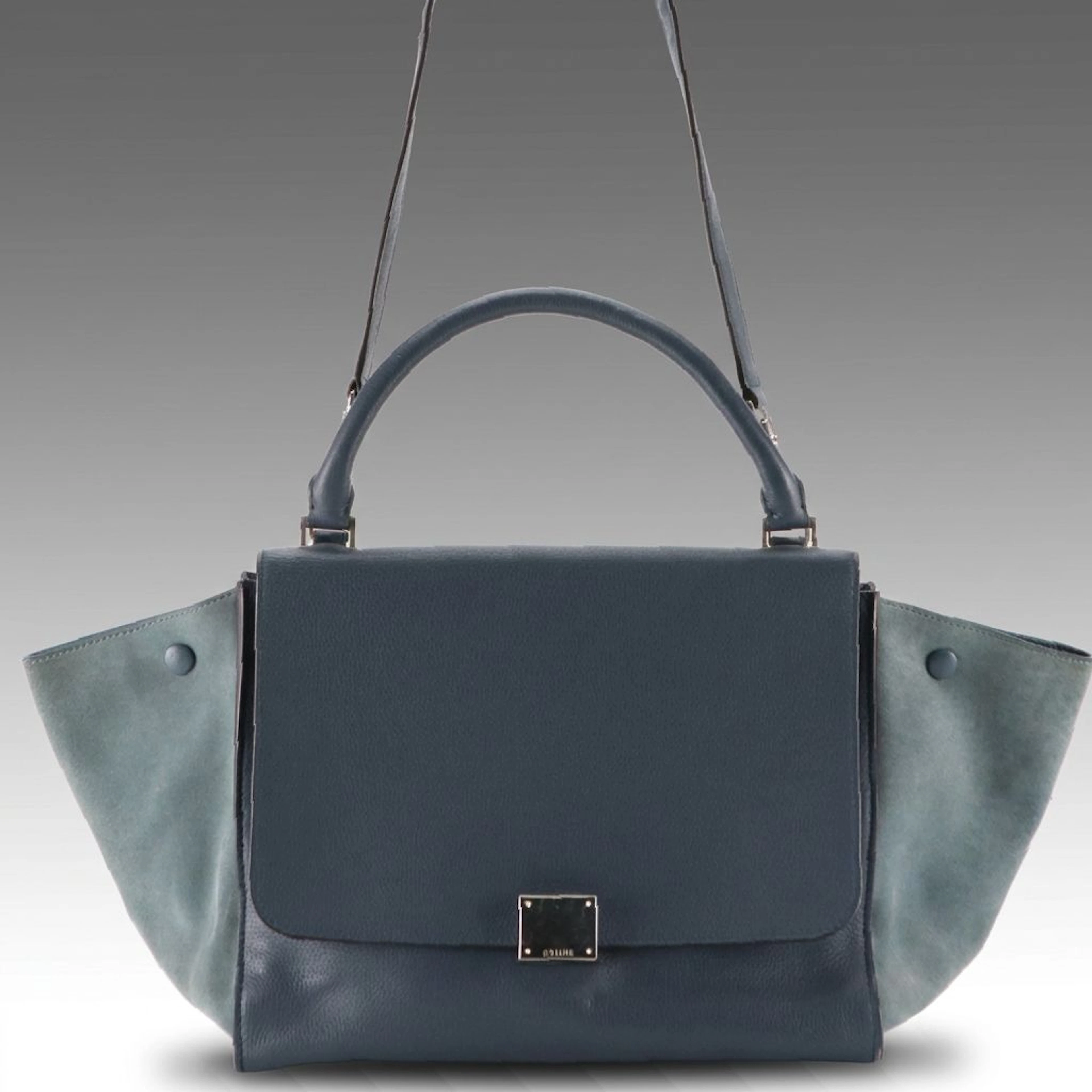 Céline Medium Trapeze Two-Way Bag in Blue Grained Calfskin Leather and Suede